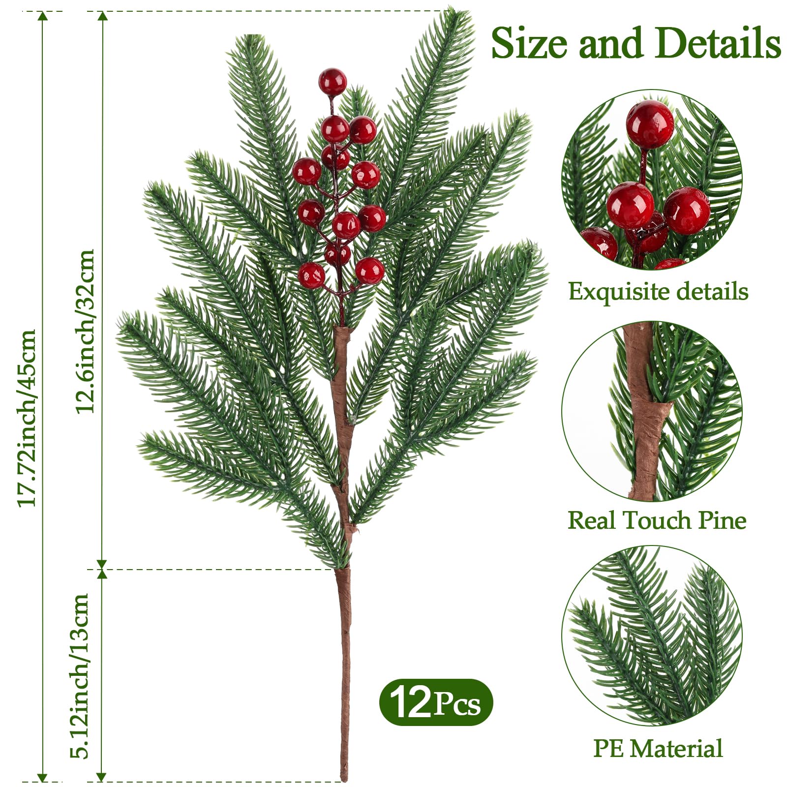 Künstliche Tannenzweige mit roten Beerenstielen, 45,7 cm, künstliche grüne Weihnachtsspieße, fühlen sich echt an, künstliche Blumenblätter für Weihnachtsdekorationen, Innenbereich, Bastelgirlande
