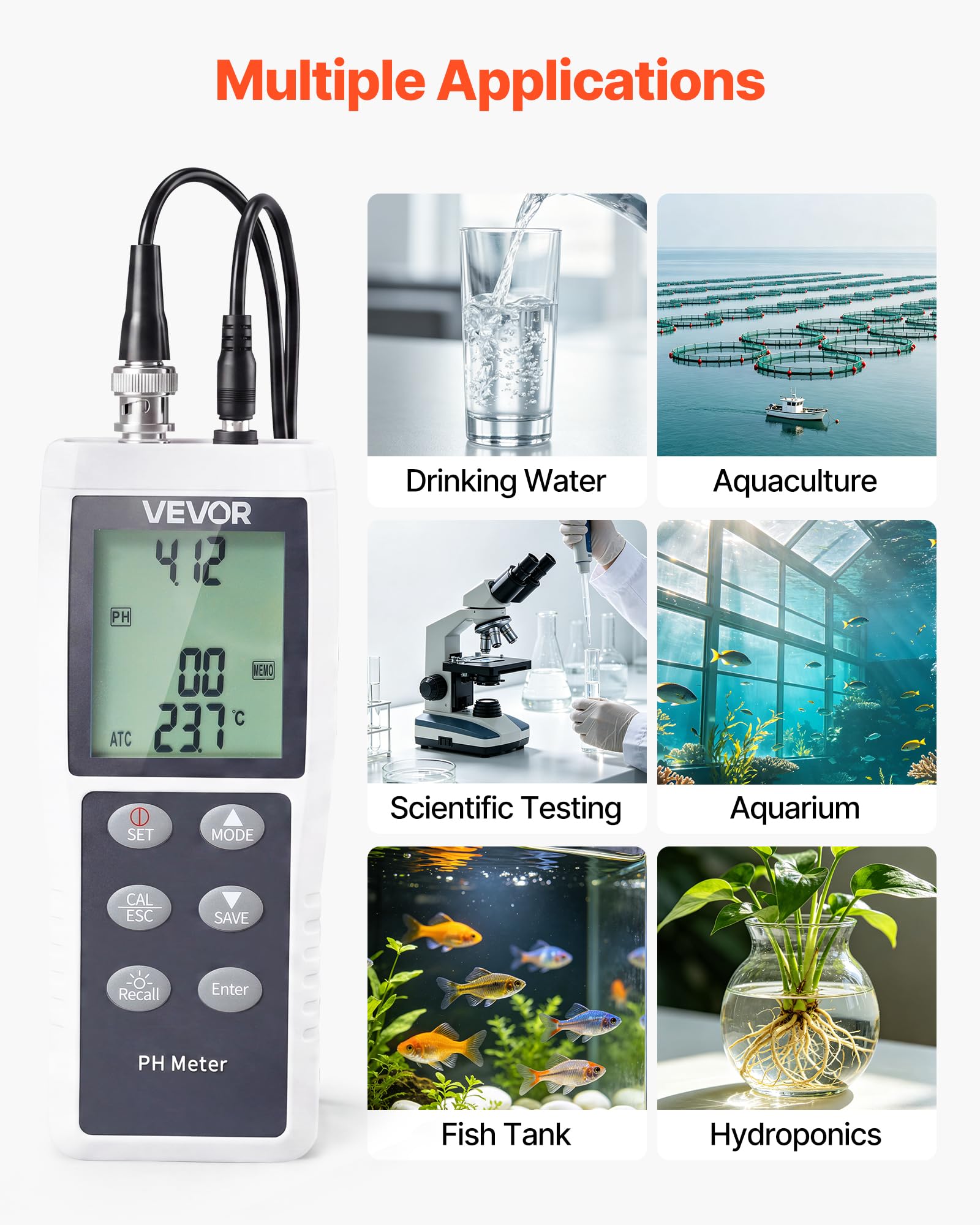 VEVOR pH-Meter, Messbereich 0–14, Wasserdichte Sonde (IP68), 3-Punkt-Automatikkalibrierung, Tragbares Tester-Set mit Kalibrierpulver, Temperatursonde & Tragetasche, für Trinkwasser & Hydrokultur