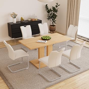 HIPIHOM Modern 58 Kitchen Dining Table and Chairs, 7 Piece Rectangular Dining Table Set for Home, Kitchen, Living Room, Dining Room Dining Table + 6 White Chairs