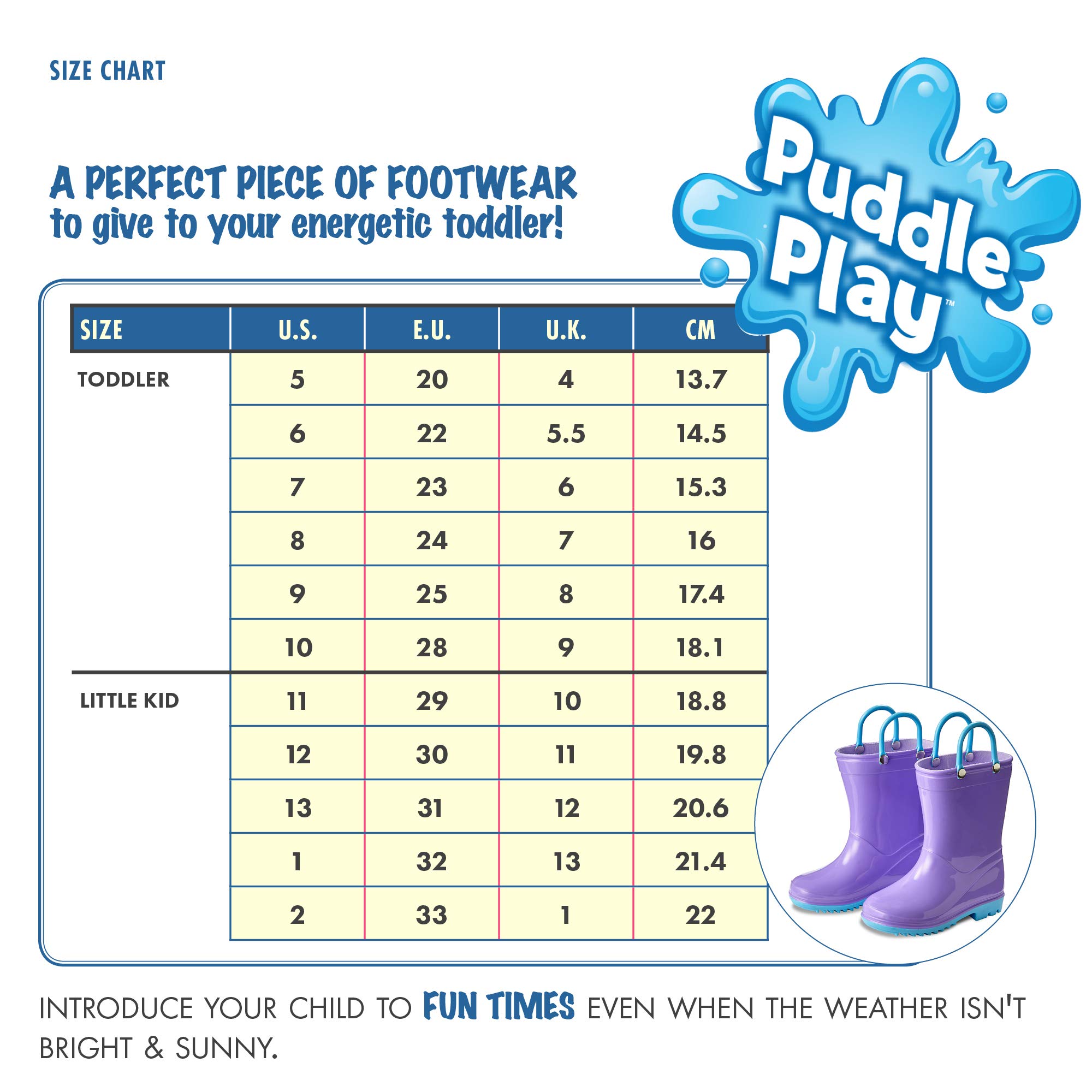 Puddle Play Botas de lluvia impermeables de PVC para niños y niños con asas fáciles de poner, botas ligeras y antideslizantes para exteriores para niños y niñas