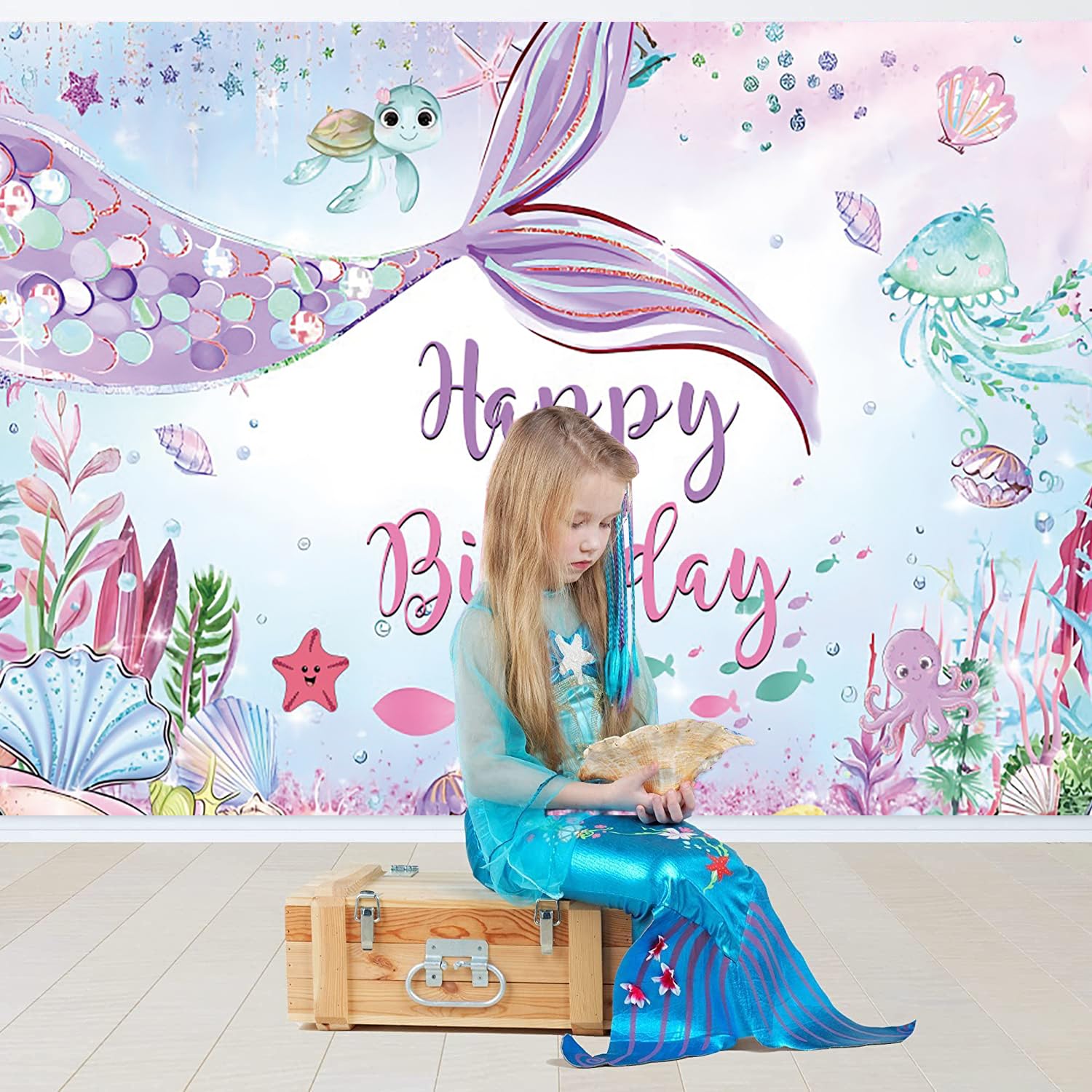 Sfondo Fotografico Sirena 2.1x1.5m – Underwater Mermaid Castle Con Conchiglie E Perle Per Compleanni E Party