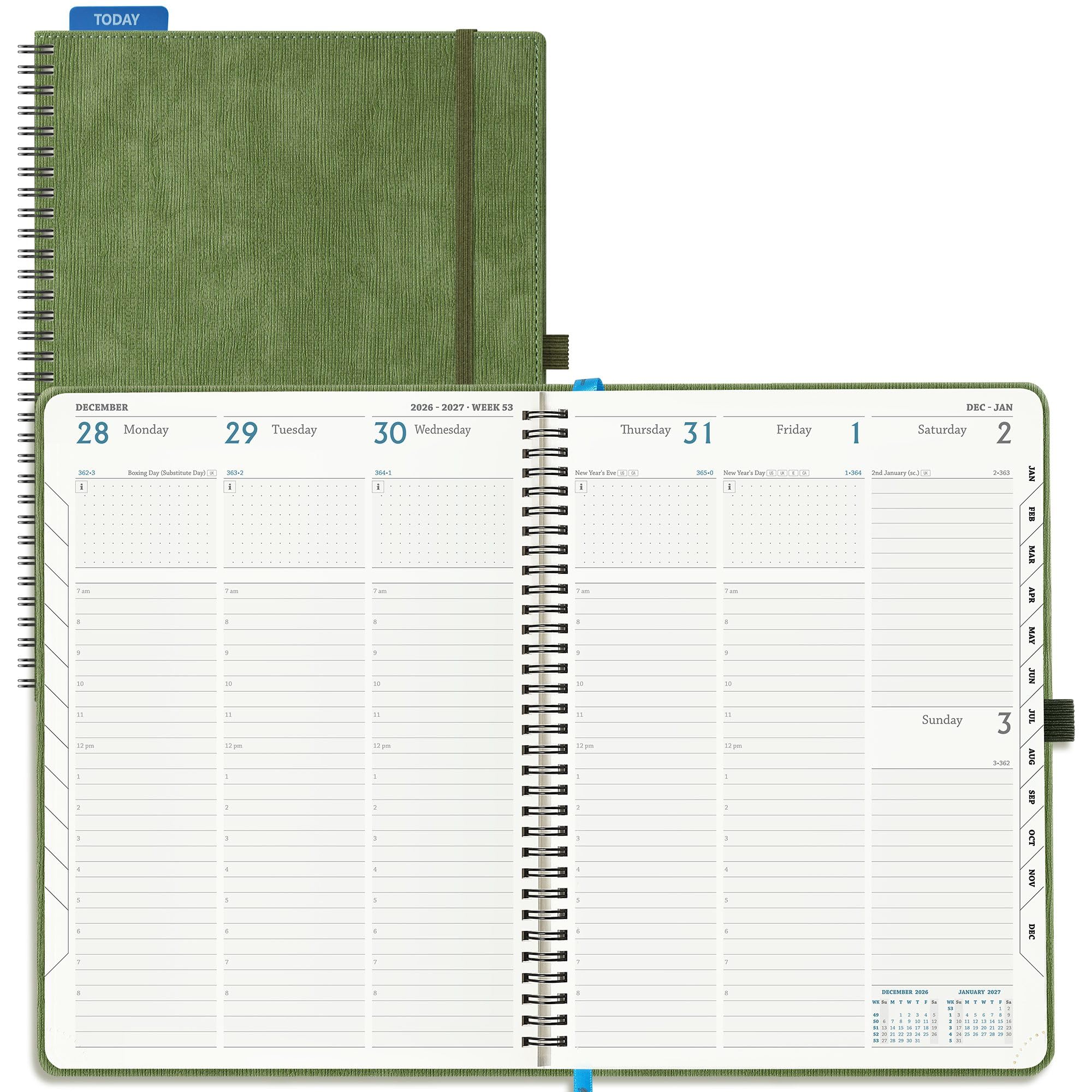 IN-LUXPRO Academic Diary 2026-2027 Week to View A4 Large(29x21.5 cm) Spiral 18 Months (Jul'26 - Dec'27) Mid Year Diary 26/27 Vertical Weekly Planner with Timeslots& Month Tabs, PU Leather Olive Green