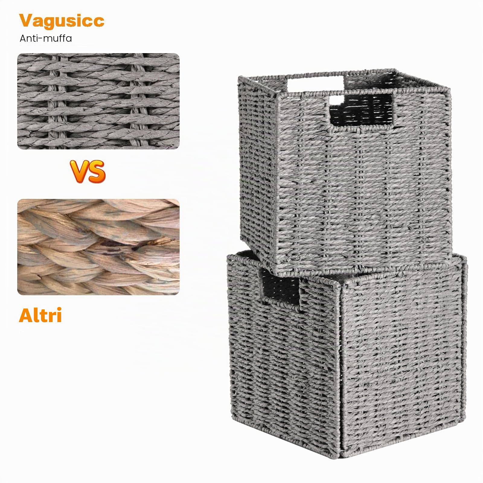 Vagusicc Set di 2 cestini portaoggetti in vimini, intrecciati a mano con manici, organizer cubici pieghevoli, grandi 33 cm, per mensole, dispensa, decorazione per camera da letto, grigio (33 x 33 x 33
