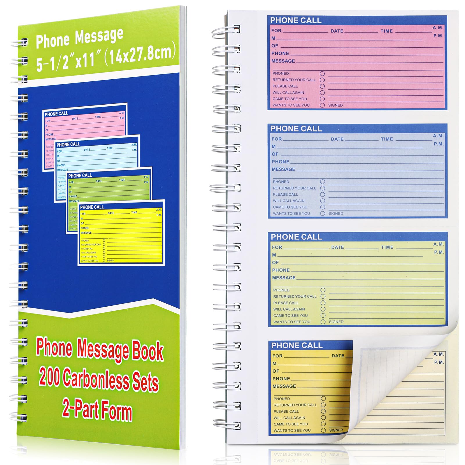 Sinmoe 1 Pcs Spiral Bound Phone Message Book with Carbon Copy 5-1/2" x 11" 2 Part Colorful Carbonless Telephone Message Pads Duplicate Spiral Phone Call Log Book for Business Office (Green,Blue)