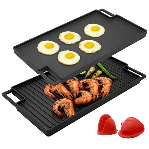 NutriChef Cast Iron Reversible Grill Plate 18” Flat Skillet Griddle Pan 18”x10”