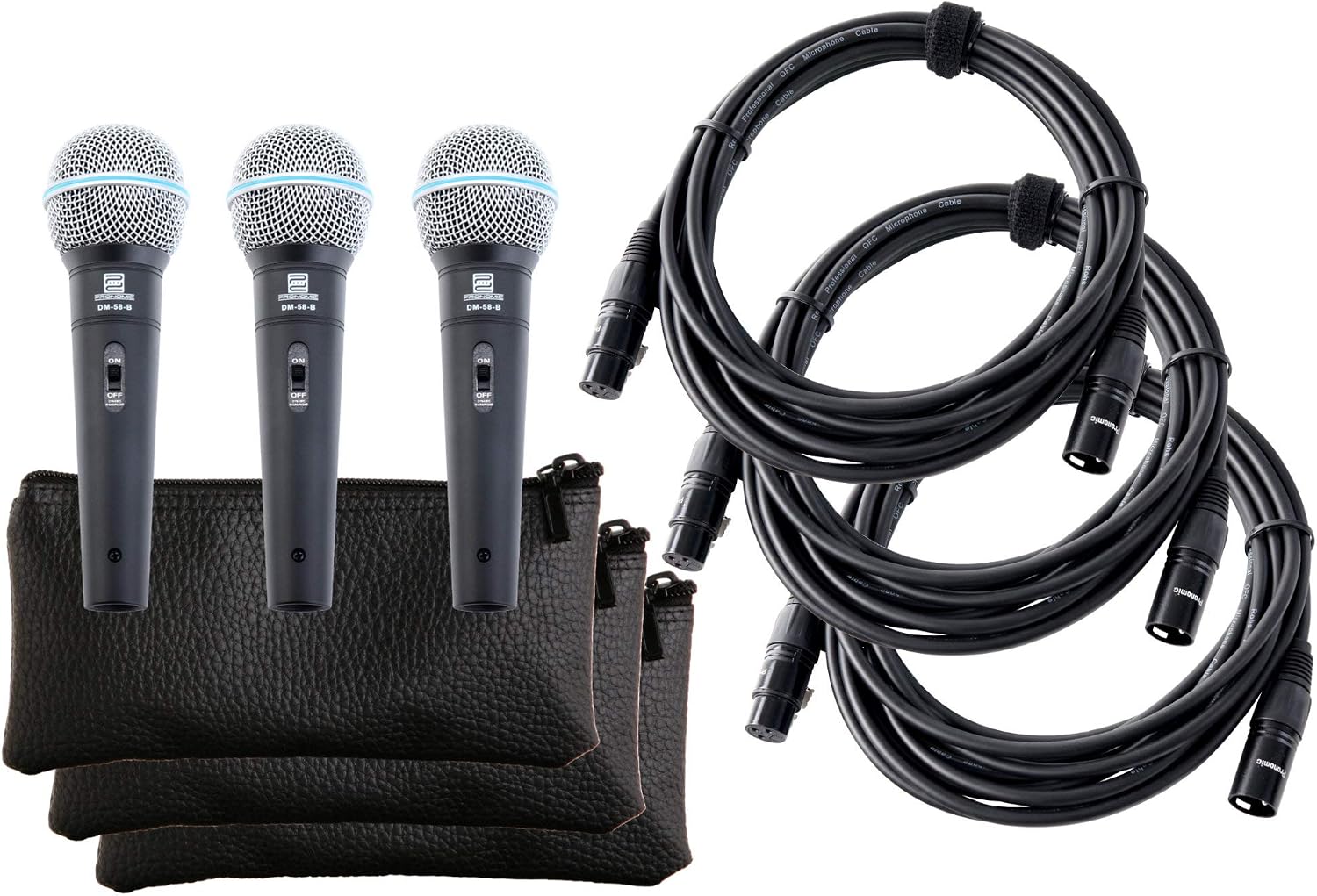 Pronomic DM-58-B Vocal Microphone with Switch Set of 3 Including 3 x 5m XLR Cable with Powerful Warm Sound