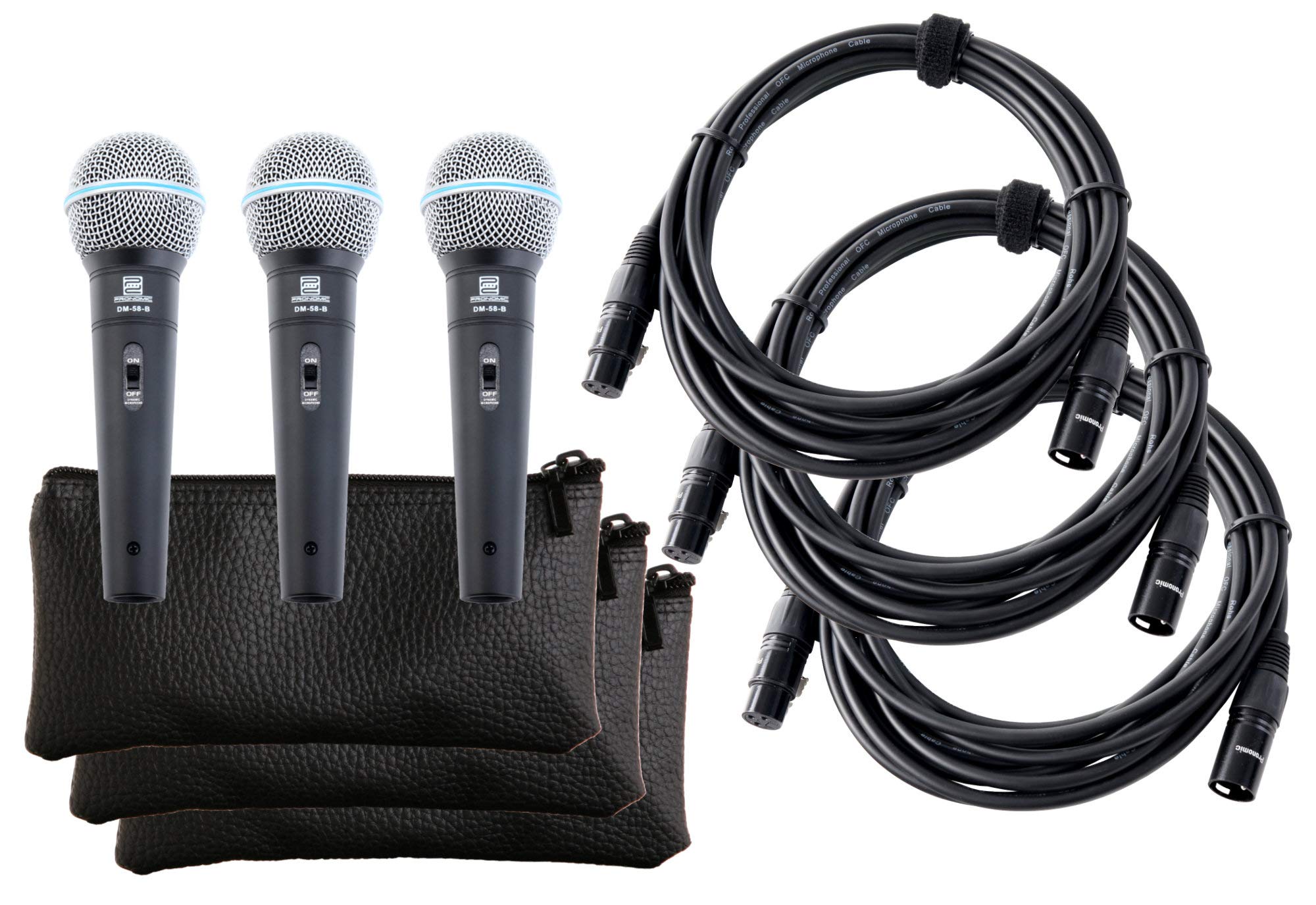 Pronomic DM-58-B Micrófono Vocal con Interruptor Set de 3 Incl. 3X 5m Cable | Micrófono versátil para voz y canto, Especialmente adecuado para DJs, beatbox, etc., Sonido potente y cálido, Peso: 217 g