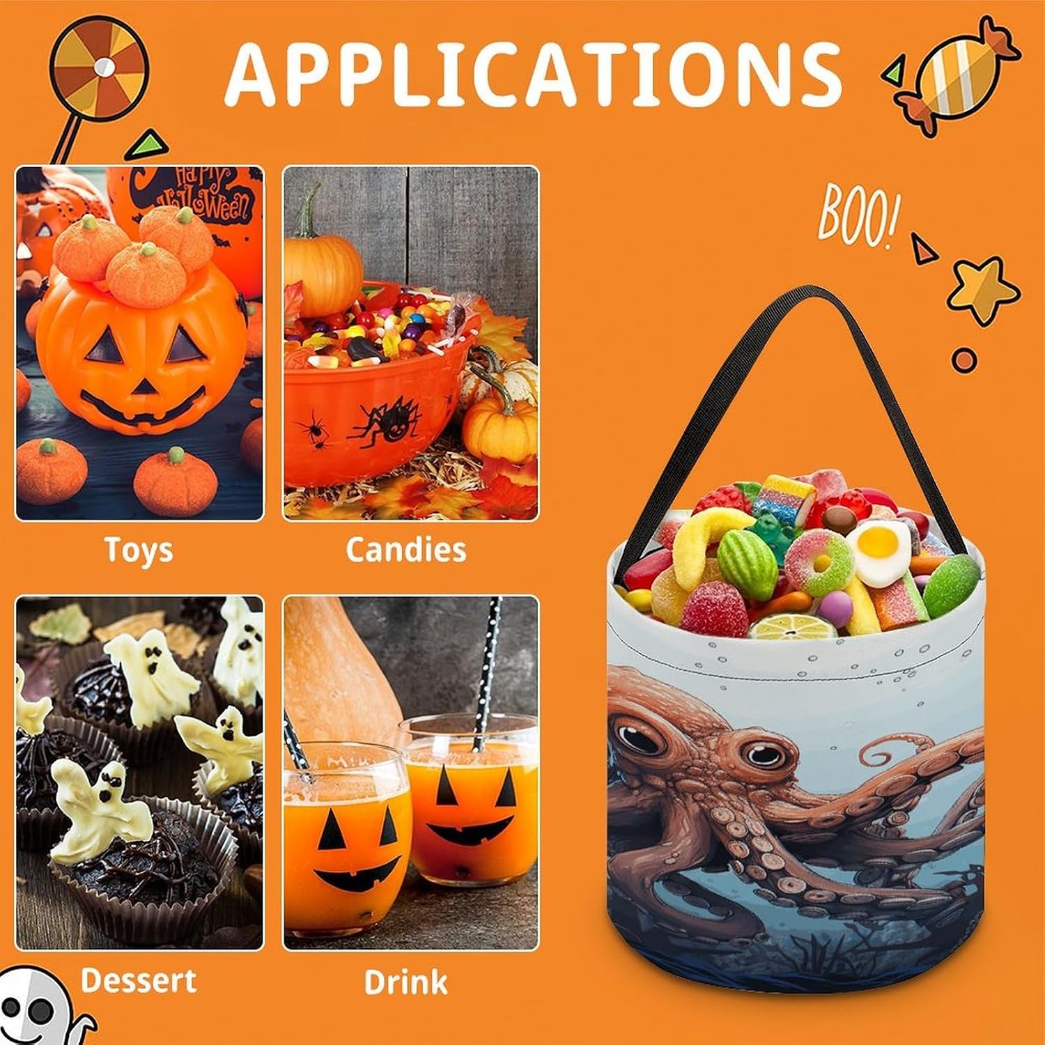 LYHVSFJW Halloween Basket Large Capacity Candy Bags Octopus in The Sea image 3