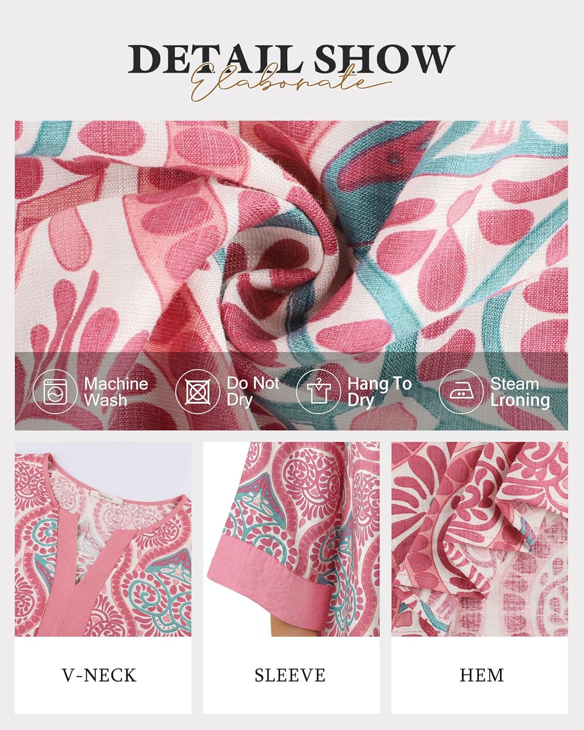 Bebonnie Women Blouses Dressy Casual 3/4 Sleeve V Neck Floral Loose Fit Tunic Tops