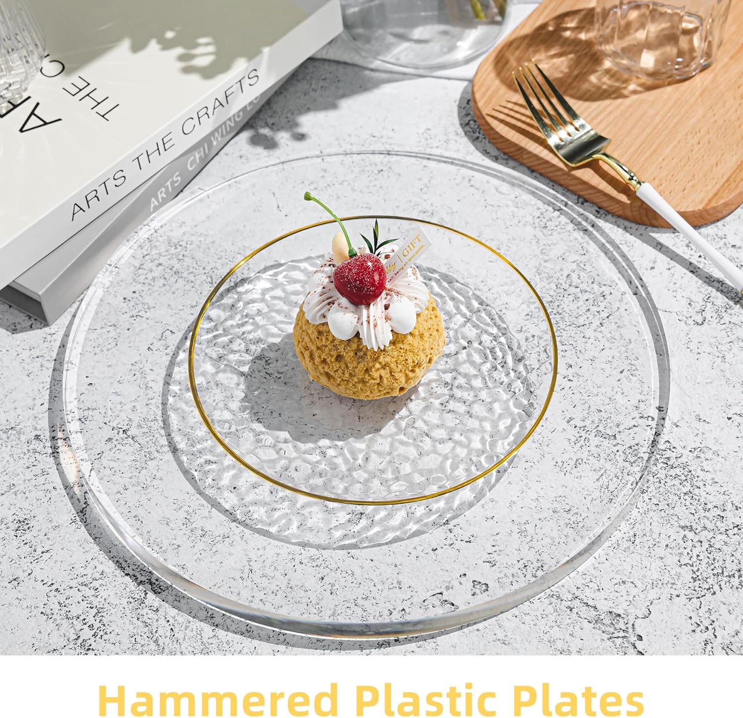 100PCS Clear and Gold Plastic Plates, 7 Inch Disposable Dessert Plates with Gold Rim, Heavy Duty Stone Texture Plastic Plates for Party and Weddings - Image 3