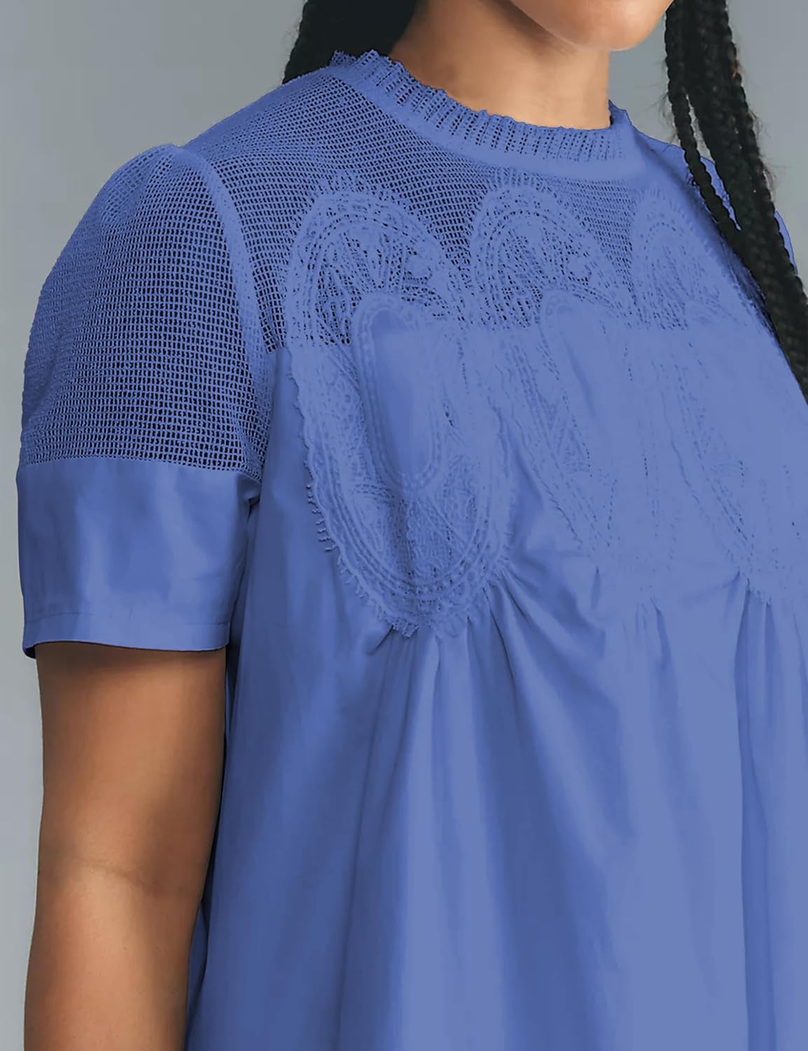 Womens Summer Lace Mini Babydoll Dress Ruffled Collar Short Sleeve Loose Mesh Swing Elegant Flared Sundress - Image 3