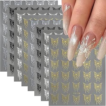 8 Sheets 3D Self-Adhesive Butterfly Nail Art Stickers Decals - Gold, Semi-Glossy, Water Resistant, Butterfly Theme, Nail Stickers