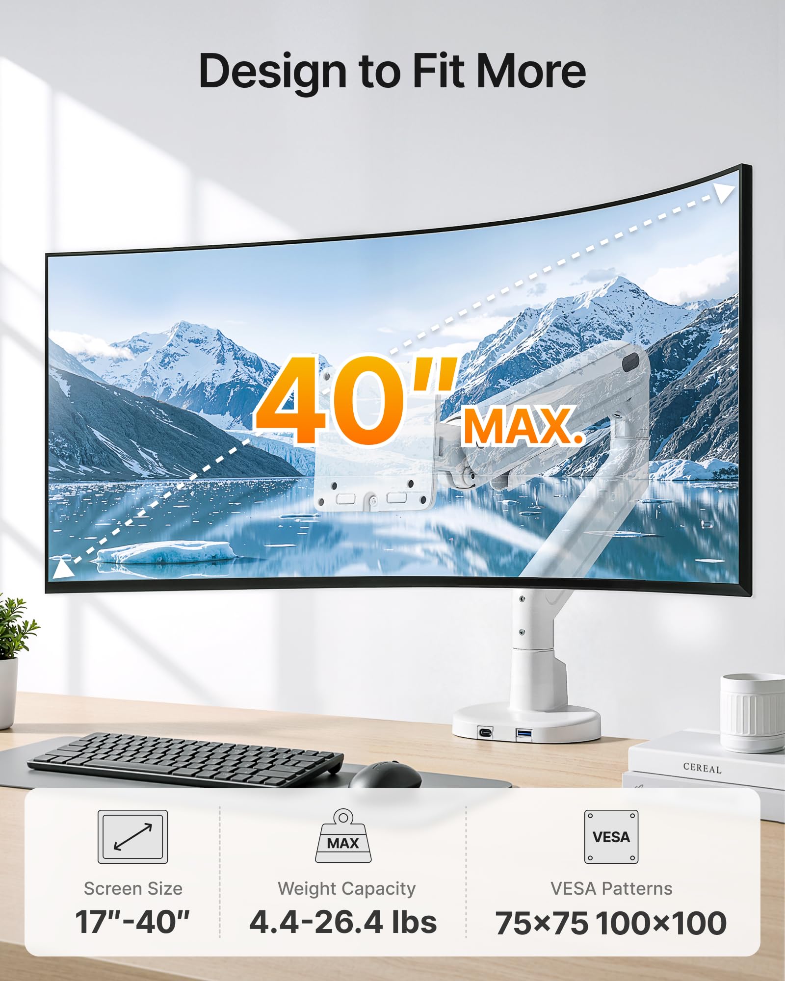monTEK Bras de moniteur simple avec USB A/C, support réglable robuste pour écrans de 17" à 40", bras à mouvement complet, ressort mécanique pouvant supporter jusqu'à 12 kg, VESA 75 x 75/100 x 100 cm