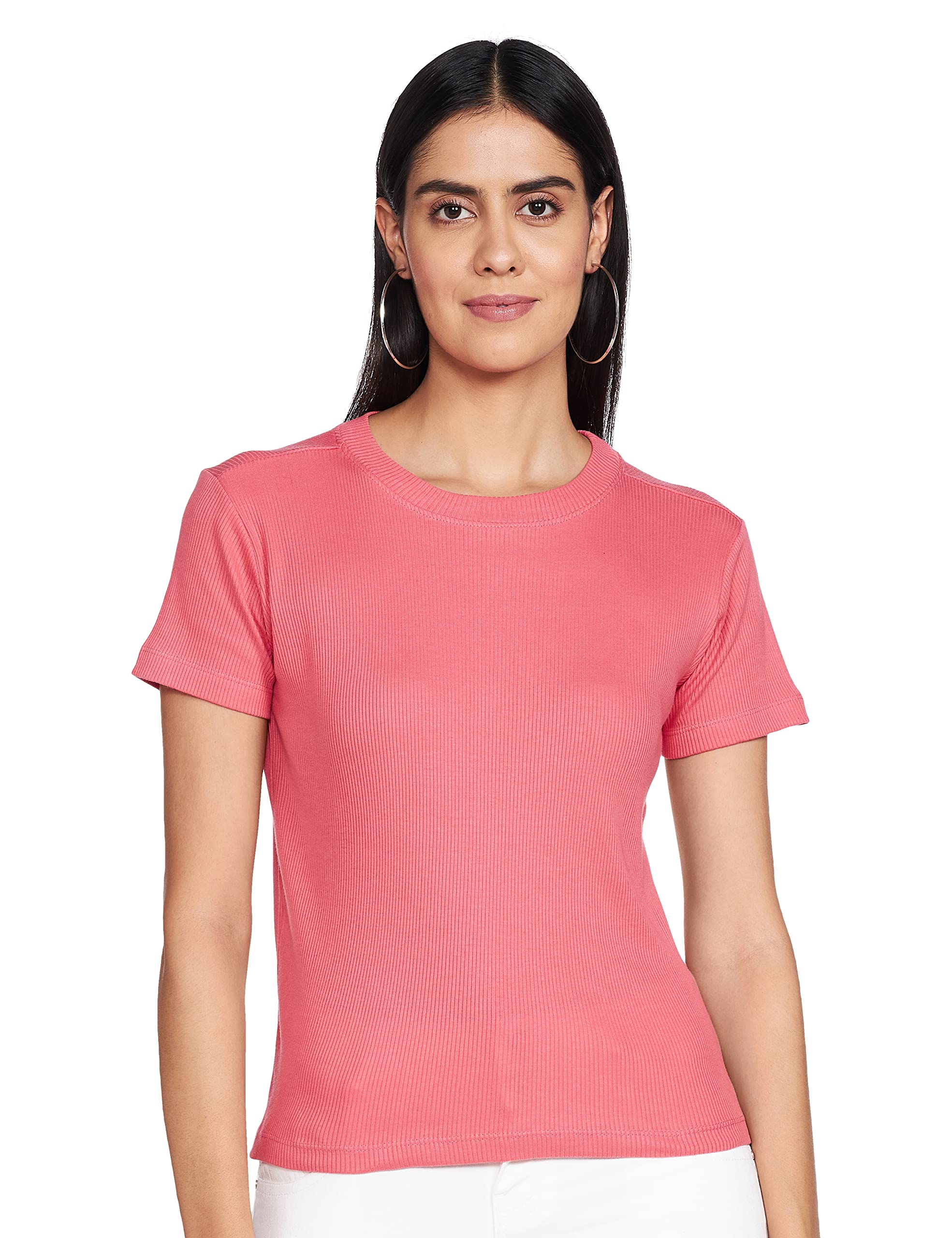 MaxWomen Solid Short Sleeves Round Neck Knit Regular Fit T-Shirt