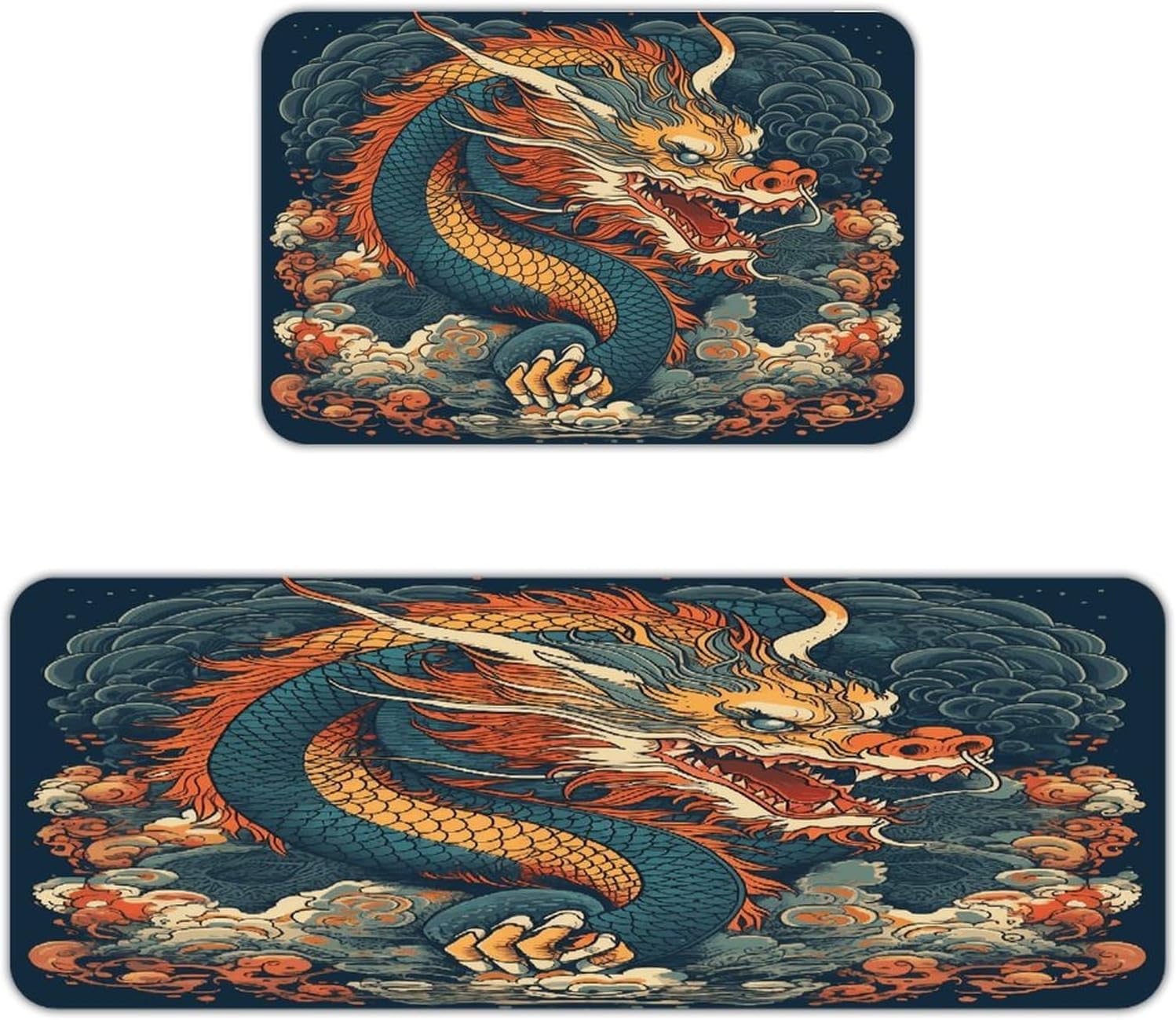 Retro Dragon Pattern Kitchen Mat Kitchen Rug Set | Kitchen Rugs Flannel Velvety Washable breathable Water Absorbent Soft ，kitchen utensils for Kitchen, Floor,Laundry