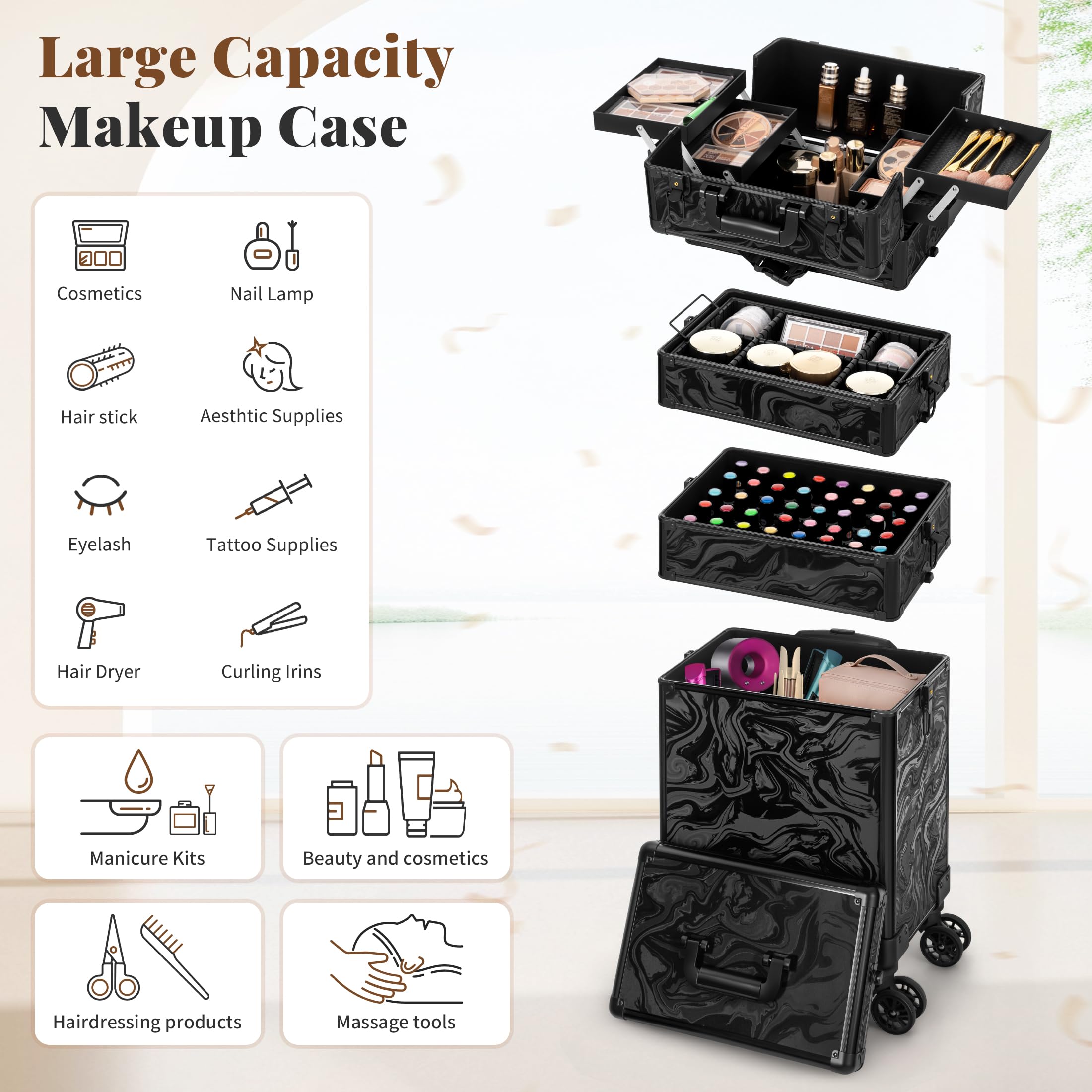 Arous Rolling Makeup Train Case 5 w 1 organizer na wózek kosmetyczny podróżny zamykany salon fryzjer wózek bagażnik z kółkami dla kobiet stylistki fryzur artysty Trave Nail, Czarny atrament, 5 w 1