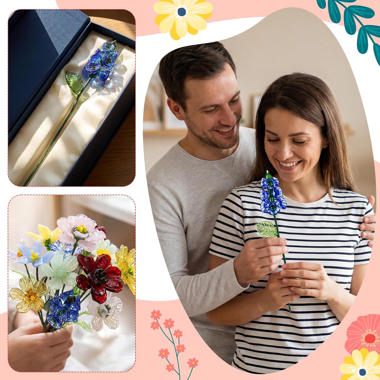 Miniature Glass Flower Small Mini Birth Month Flower with Stem Birthday Gift for Women Mom Mother's Day Wedding Gifts Office Home Table Centerpiece, Vase is Not Included(1 Pcs,Larkspur) image 4