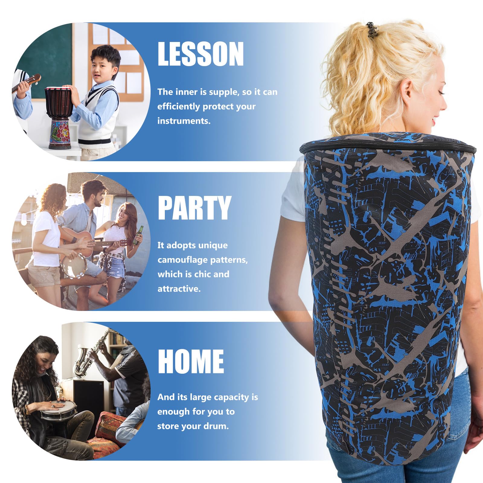 Garneck Paquet à Instruments pour Tambour Africain, Djembe Garçon et Filles, Grand Format, Tissu Oxford Pvc, Fermeture Lisse, Bleu Camouflage, Imperméable Couleur Aléatoire