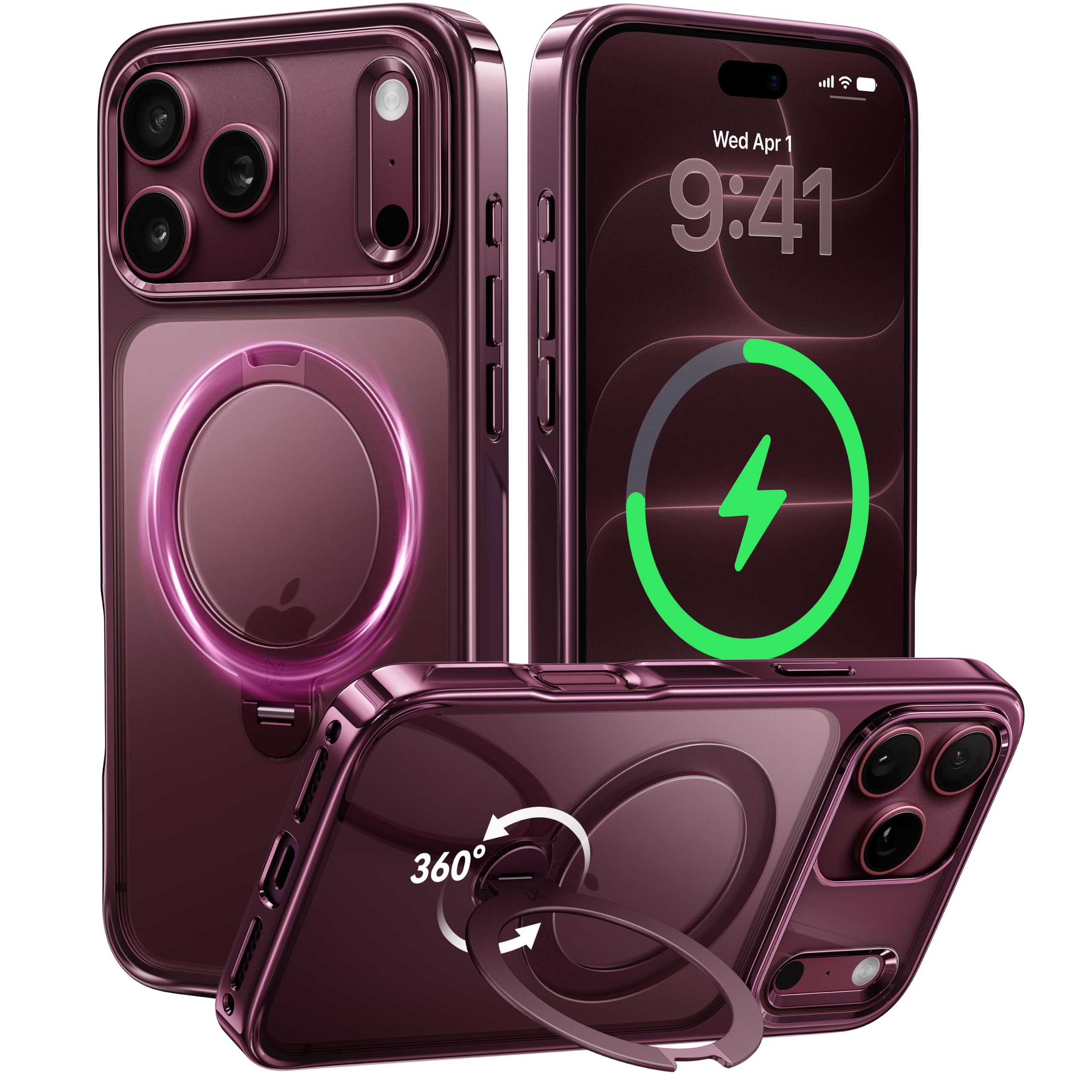 CASEKOO Glossy Burgundy for iPhone 18 Pro Case, 360 Spin Magnetic Stand