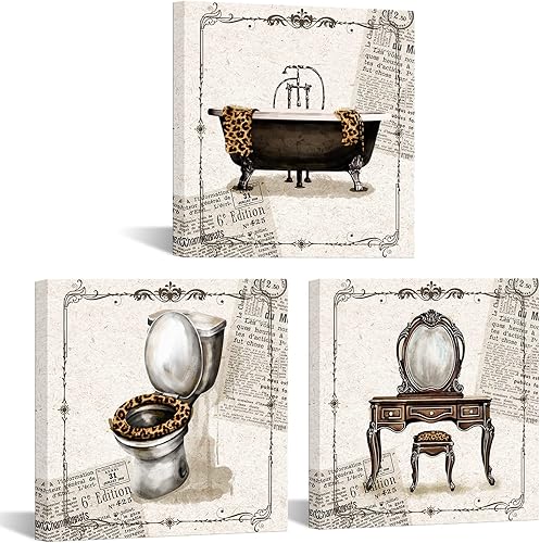 DuoBaorom Arte de pared de baño, estampado de leopardo, pintura de baño, estilo americano, decoración de baño, 12 x 12 pulgadas x 3 piezas