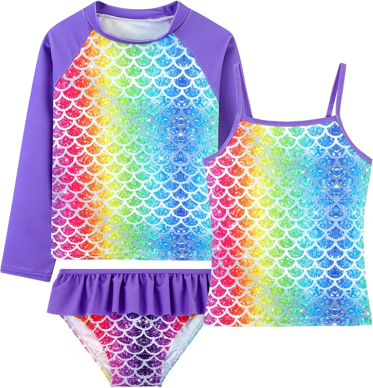 DAXIANG Girls Rash Guard Swimsuit Long Sleeve Swim Shirt 3 Piece Tankini Bathing Suit with Bottom for Kid Toddler 3-12 Years