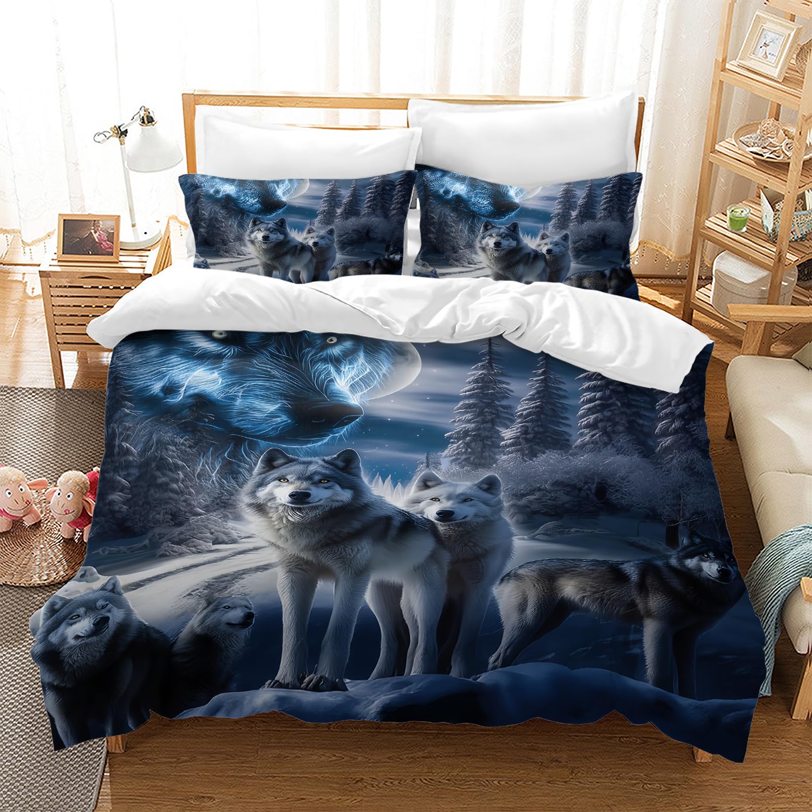 AVJWWD Wolf Bedding Duvet Cover Set Soft Microfiber Animal Pattern Bedding Set with Zipper Closure and 2 Pillow Shams for Kids Adults (Wolf 02, 135x200cm) — image 1