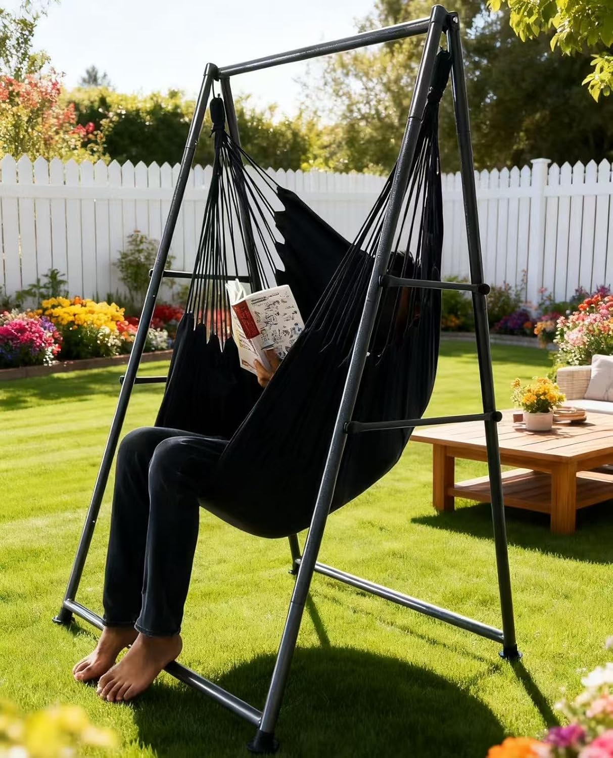 Hammock Chair Stand with X-Large Swing Chair with Footrest，Anti-Tip Thickened Weather-Resistant Iron Pipe Swing Frame, 450Lbs Stand Capacity Quick Assembly for Indoor Outdoor (Dark Grey)