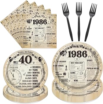 96 Pcs 40th Birthday Plates - Vintage Newspaper Back in 1986