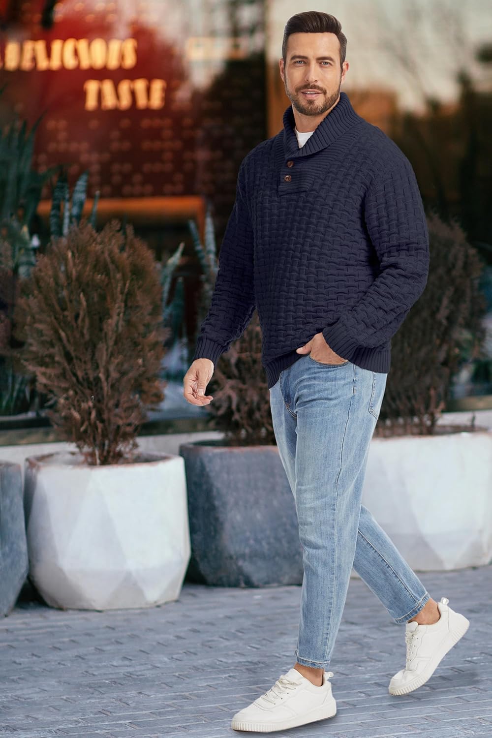 Mens Fisherman Sweater, Button Turtleneck Shawl Collar Waffle Knit Pullover for Winter Business Casual - Image 5