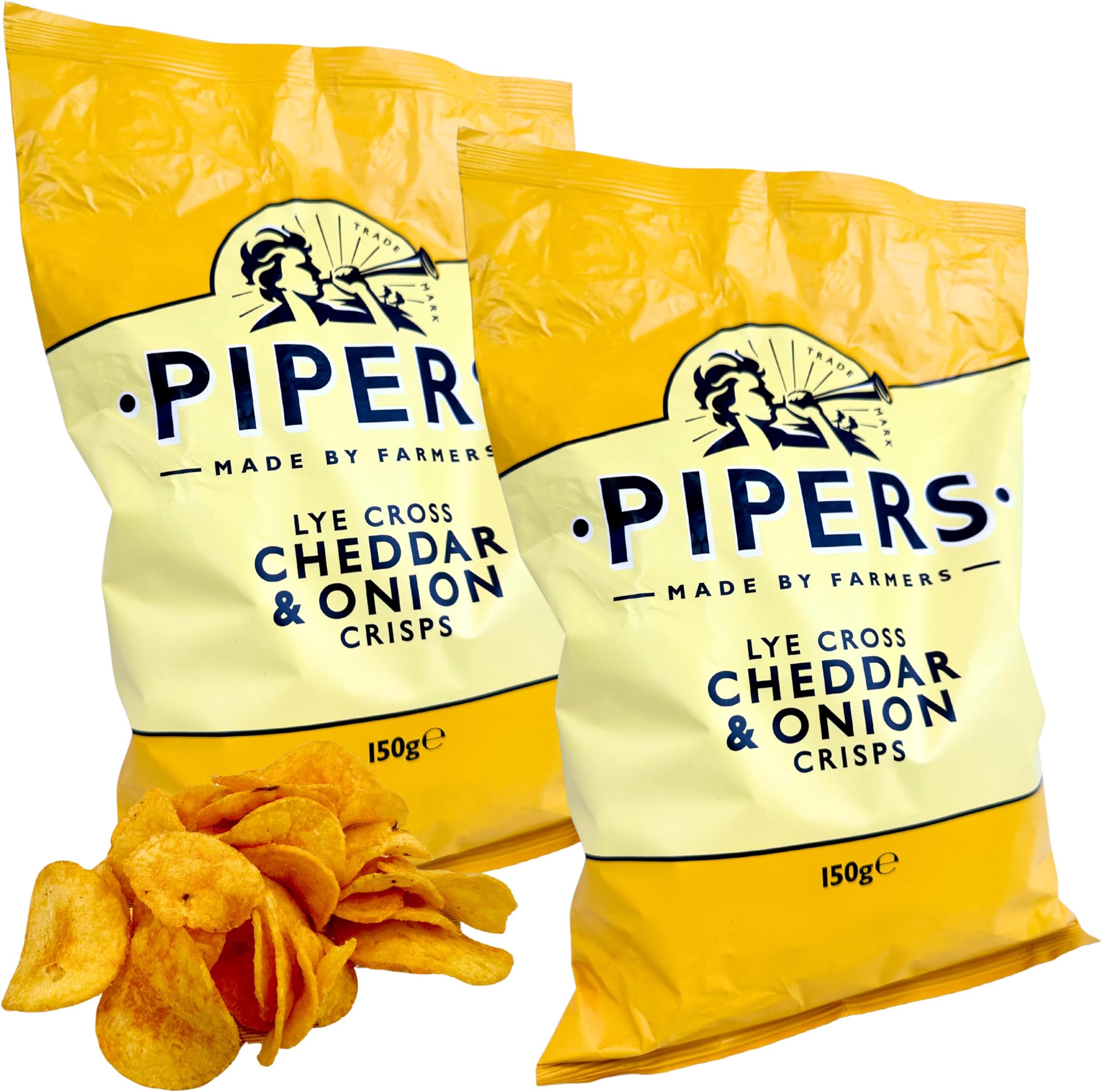 Pipers Crisps 5.3 oz. (150g)(Pack of 2) Cheddar and Onion Potato Chips from the UK - Gluten Free - British Crisps - Patatas Fritas - Onion Chips - Cheese Chips