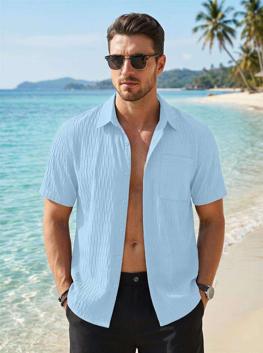 MAGNIVIT Men's Button Down Short Sleeve Shirts Casual Textured Summer Beach Shirt with Pocket - Image 3