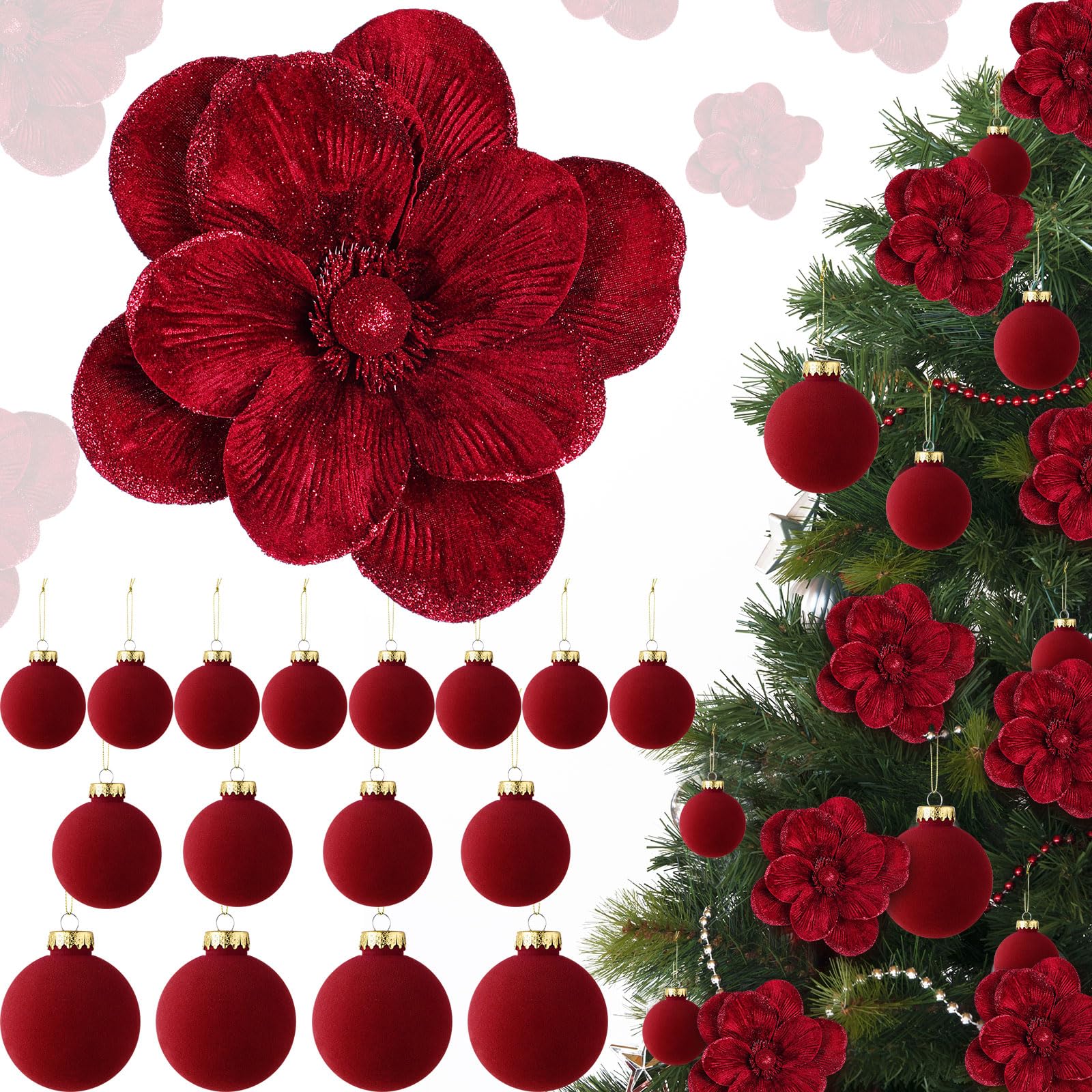 Outus Lot de 24 décorations de sapin de Noël en velours avec 8 poinsettias – fleurs de magnolia artificielles à paillettes avec tige – Décorations de Noël pour Noël, fête, mariage (bordeaux)