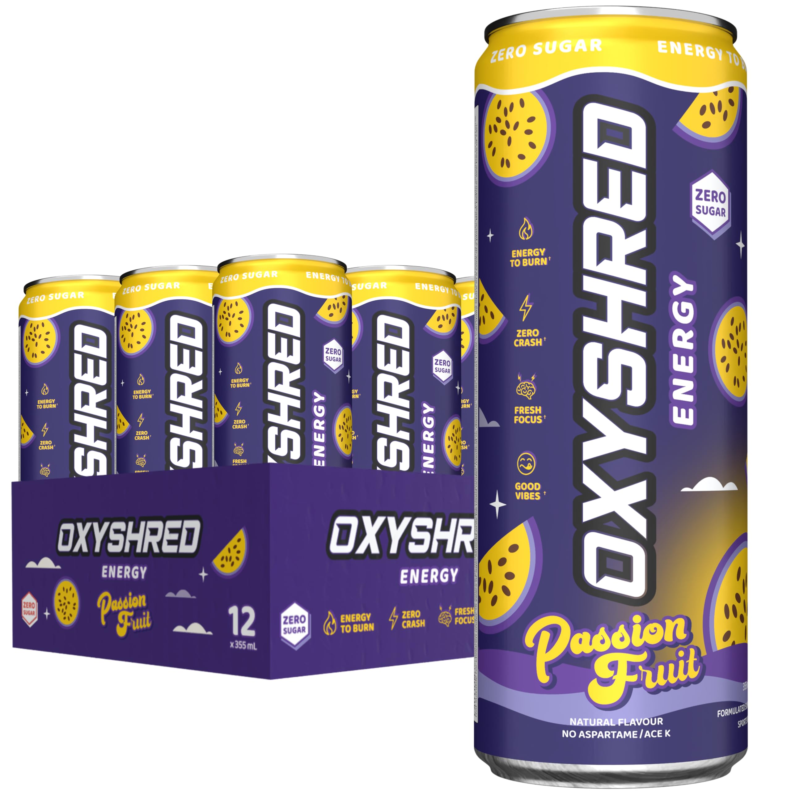 EHP Labs OxyShred Energy Drink - Sugar Free Energy Drinks with Amino Acids, Green Tea Extract, Vitamin C & L Carnitine - Carb Free, Calorie Free, Natural Caffeine, Passionfruit (12-Pack)
