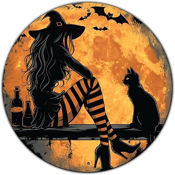 Vintage Witch and Black Cat Sign Metal Sign Retro Round Tin Sign Aluminum Sign for Farmhouse Yard Home Bar Bedroom Wall Decor 8 Inch