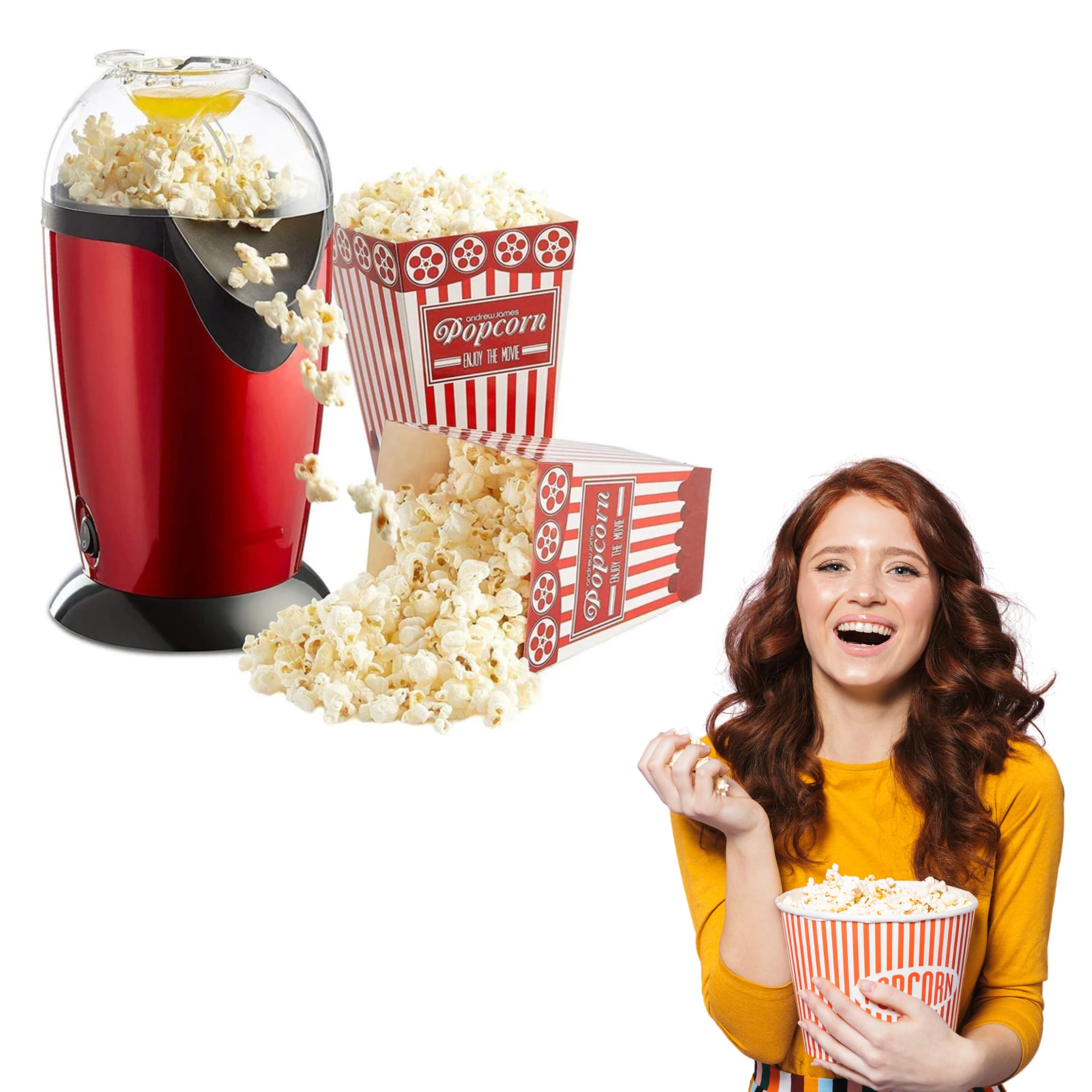 Drumstone (𝗪𝗶𝗻𝘁𝗲𝗿 𝗦𝗽𝗲𝗰𝗶𝗮𝗹) Electric Popcorn Maker, 1200W Power, Transparent Chute, Quick 4-Minute Popping, Healthy Oil-Free Option, Non-Slip Feet, Cool-Touch Handles.-picture-28