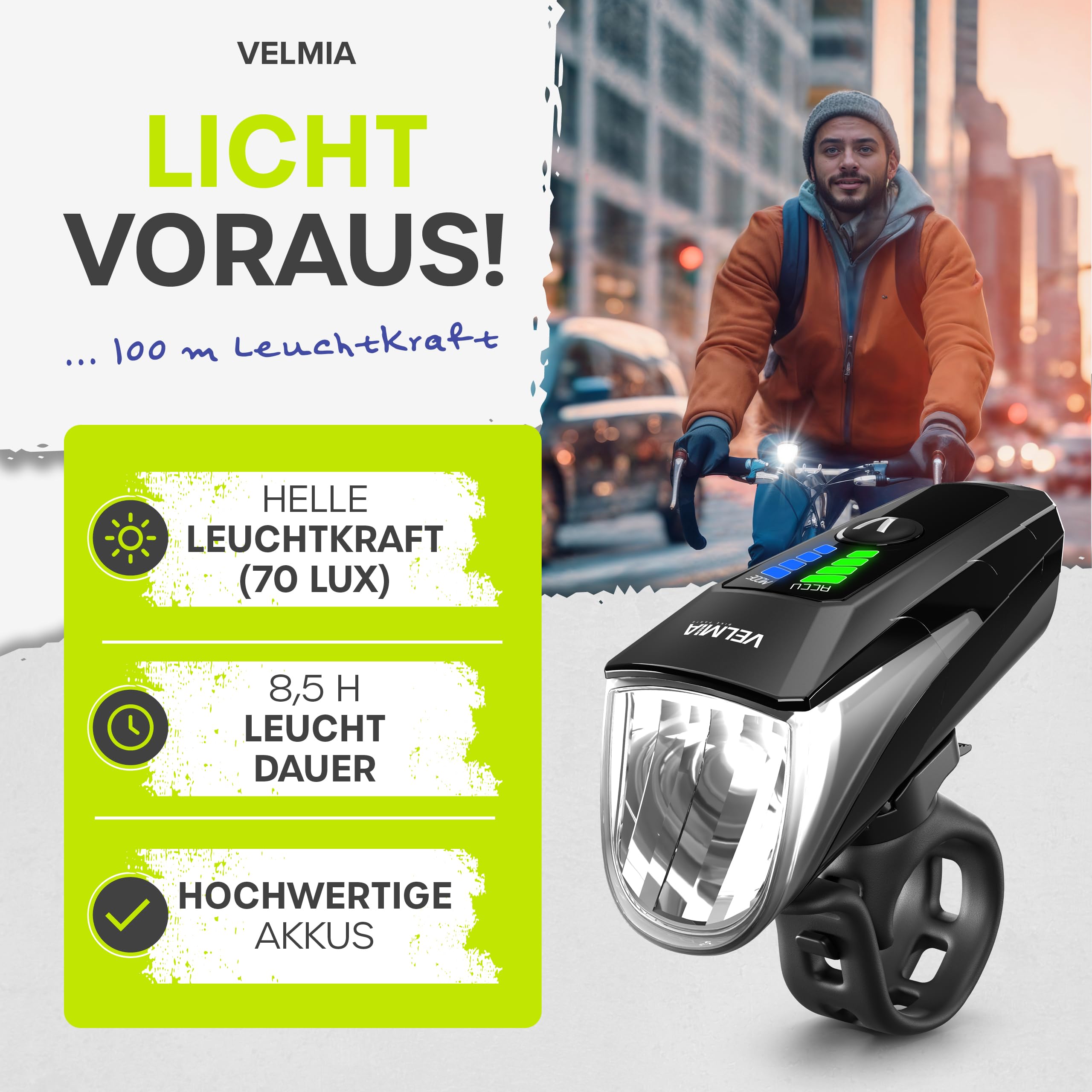 VELMIA Luces Bicicleta Delantera y Trasera - Luz Bicicleta Delantera y Trasera con Modos Automáticos, Intensidad de Luz Regulable y Montaje sin Herramientas - Resistente al Agua IPX4 & Recargable USB