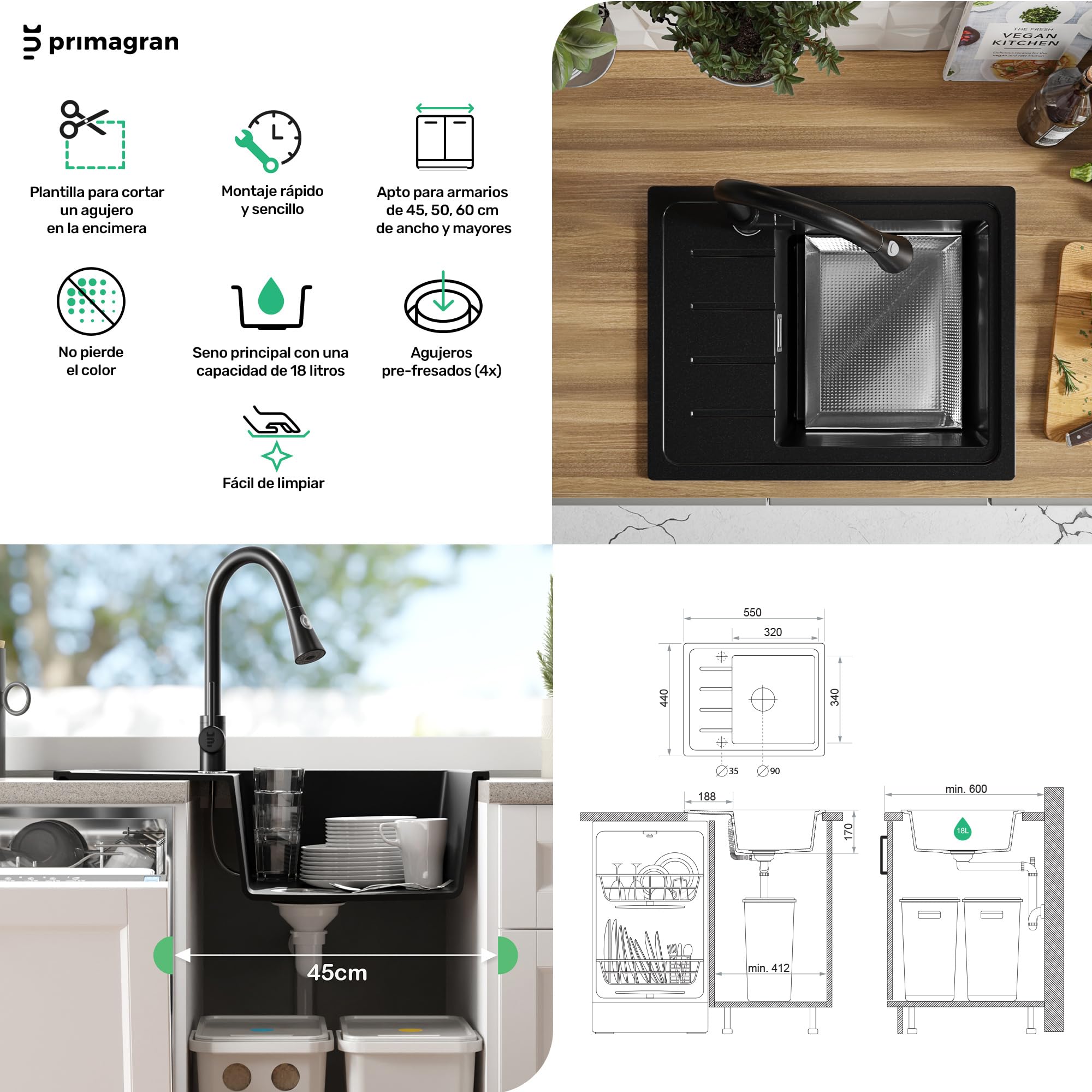PRIMAGRAN Fregadero Cocina Blanco - Copenhague Easy, 55x44cm | Granito 1 Seno + Sifón, sobre Encimera al Mueble 45cm (S002)