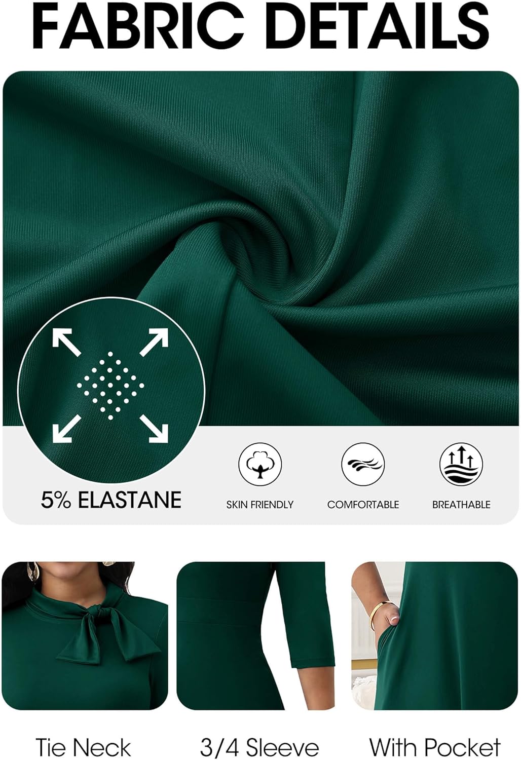 FANDEE Maxi Dress for Women Long Elegant 3/4 Sleeve Empire Waist Bow Tie Neck Casual Church Dresses with Pockets - Image 6