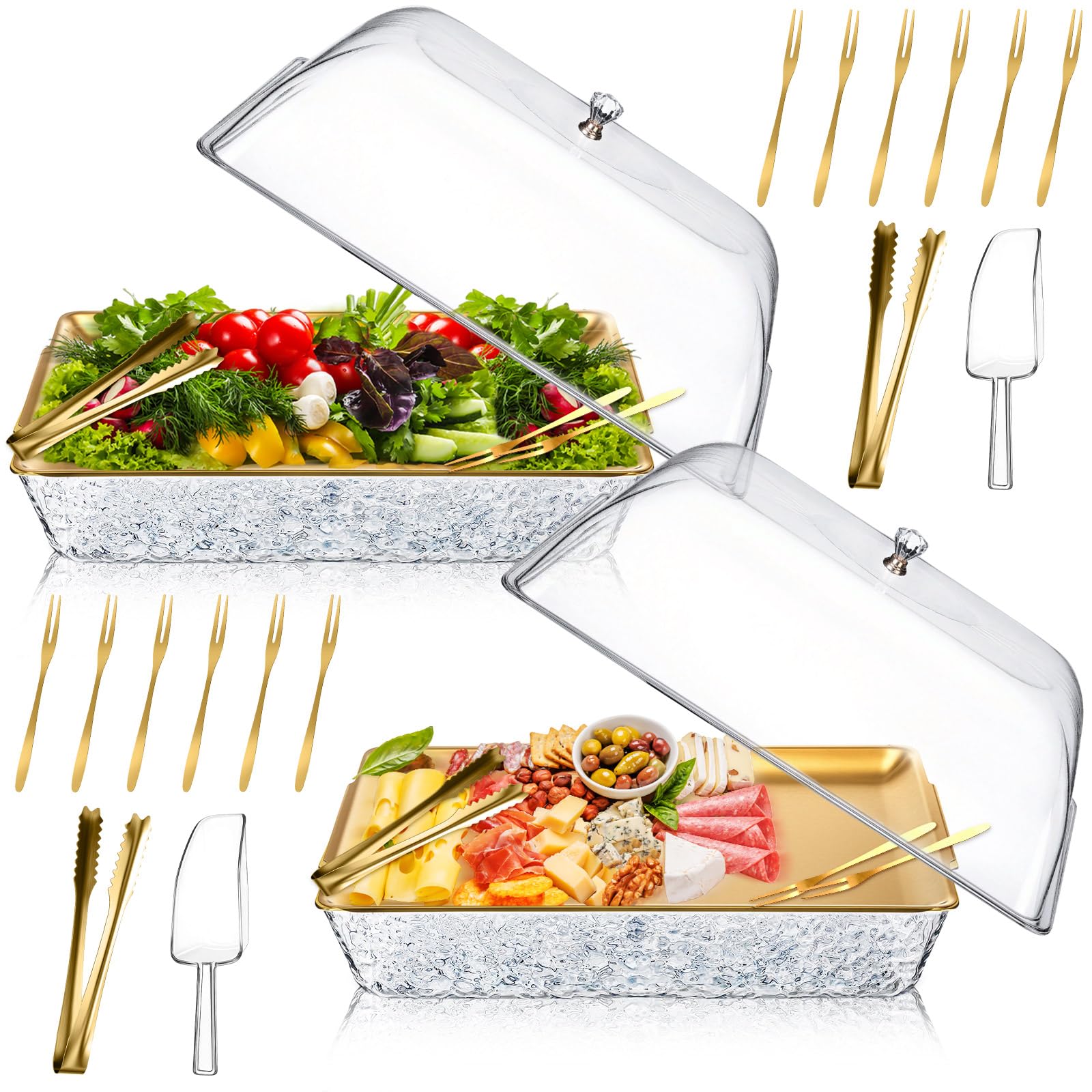 Photo 1 of Baderke 2 Sets 16" x 9" Chilled Serving Tray for Parties with Compartments and Lid Charcuterie Serving Board Ice Rectangle Chilled Party Platter for Seafood Vegetable Fruit Shrimp Cocktail (Gold)