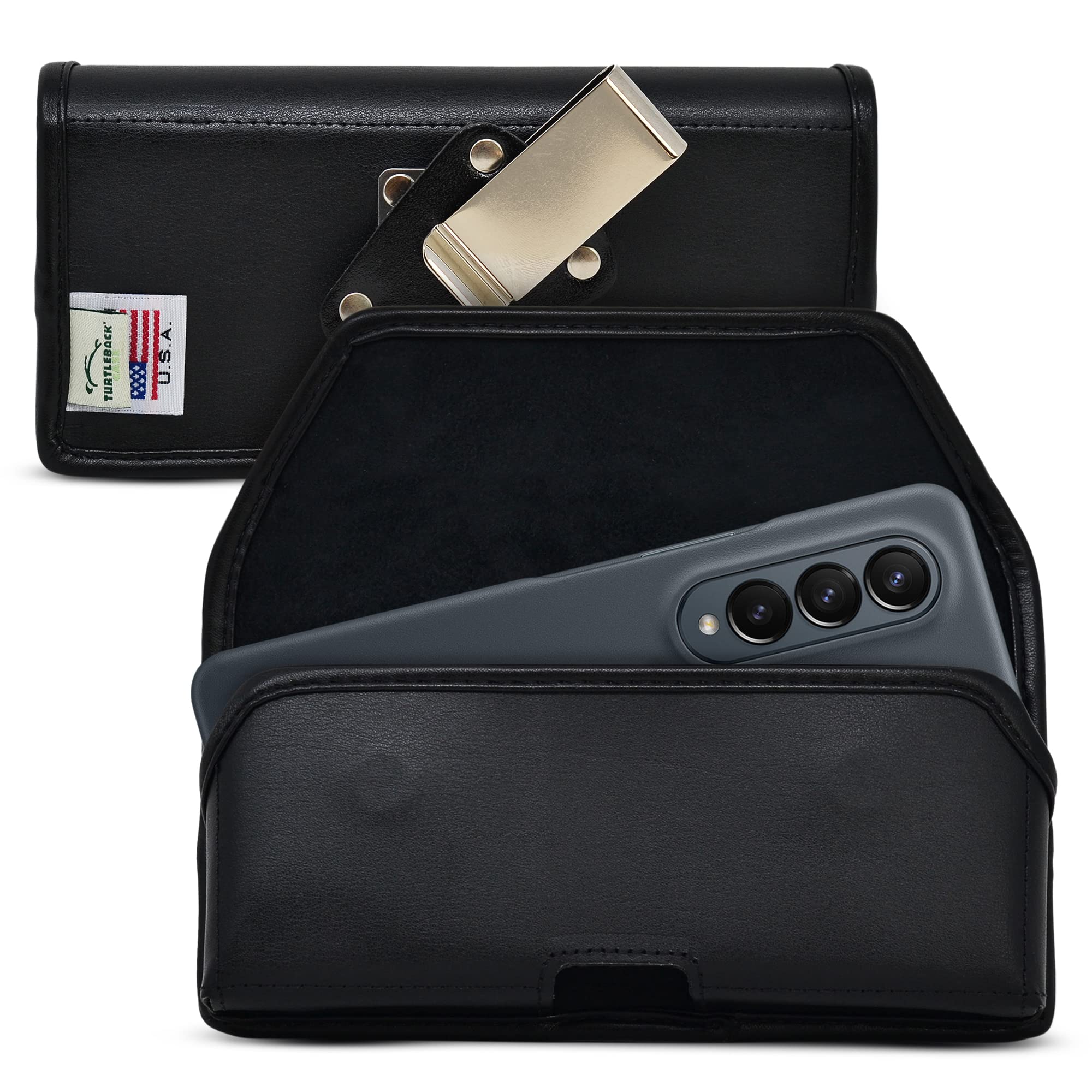 Turtleback Belt Case Designed for Galaxy Z Fold4 (2022) with Thin Fit Case Horizontal Holster Black Leather Pouch with Heavy Duty Rotating Belt Clip, Made in USA