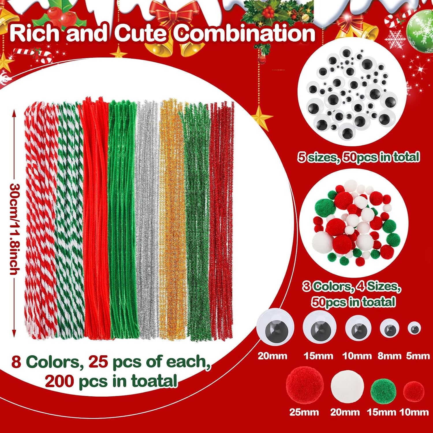 Juexica 300 Pcs Christmas Pipe Cleaners Craft Set Including Glitter Chenille Stems Poms Self Adhesive Wiggle Googly Eyes Creative Arts Chenille Stems for Christmas Decoration DIY Art Craft (Assorted)