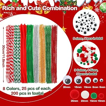 Juexica 300 Pcs Christmas Pipe Cleaners Craft Set Including Glitter Chenille Stems Poms Self Adhesive Wiggle Googly Eyes Creative Arts Chenille Stems for Christmas Decoration DIY Art Craft (Assorted)