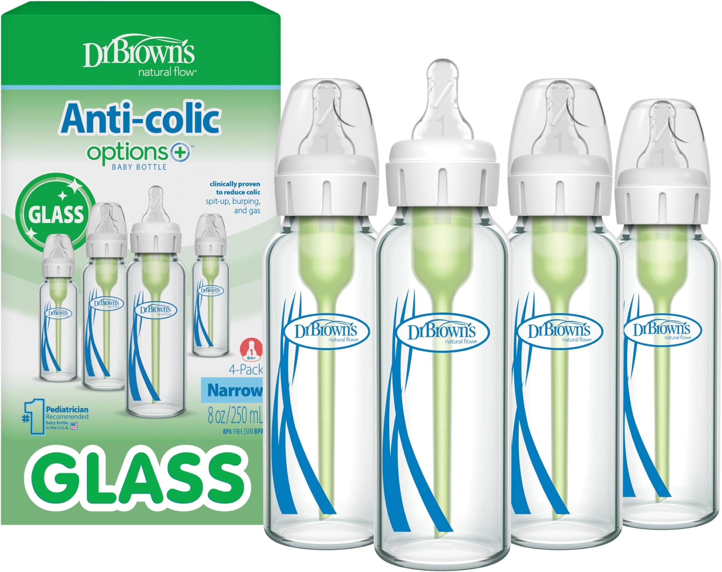 Anti-Colic Options+ Narrow Glass Baby Bottle with Level 1 Slow Flow Nipple, BPA-Free, 8 oz/250 mL, (4)