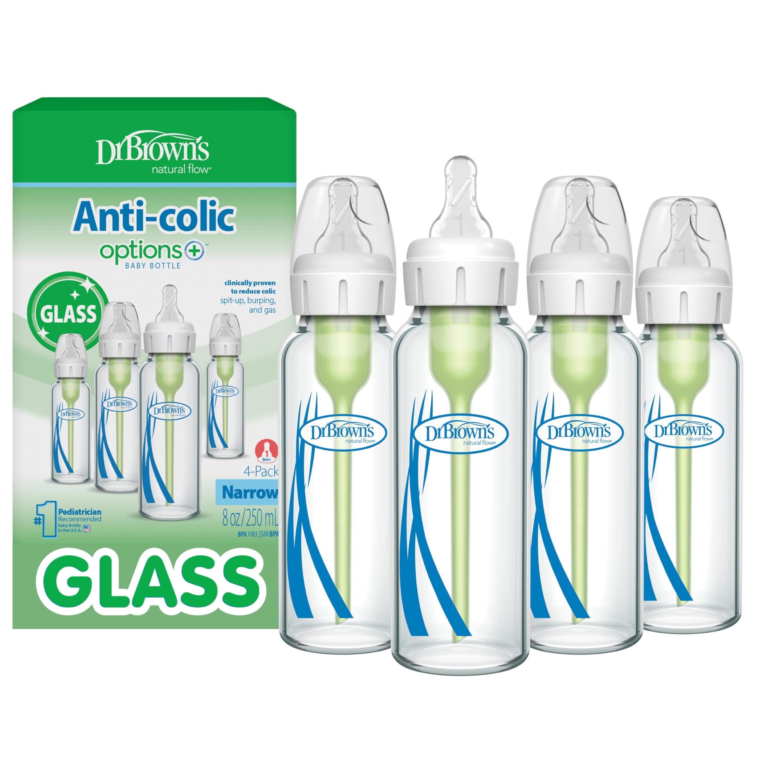 Anti-Colic Options+ Narrow Glass Baby Bottle with Level 1 Slow Flow Nipple, BPA-Free, 8 oz/250 mL, 0m+, 4-Pack (Packaging May Vary)