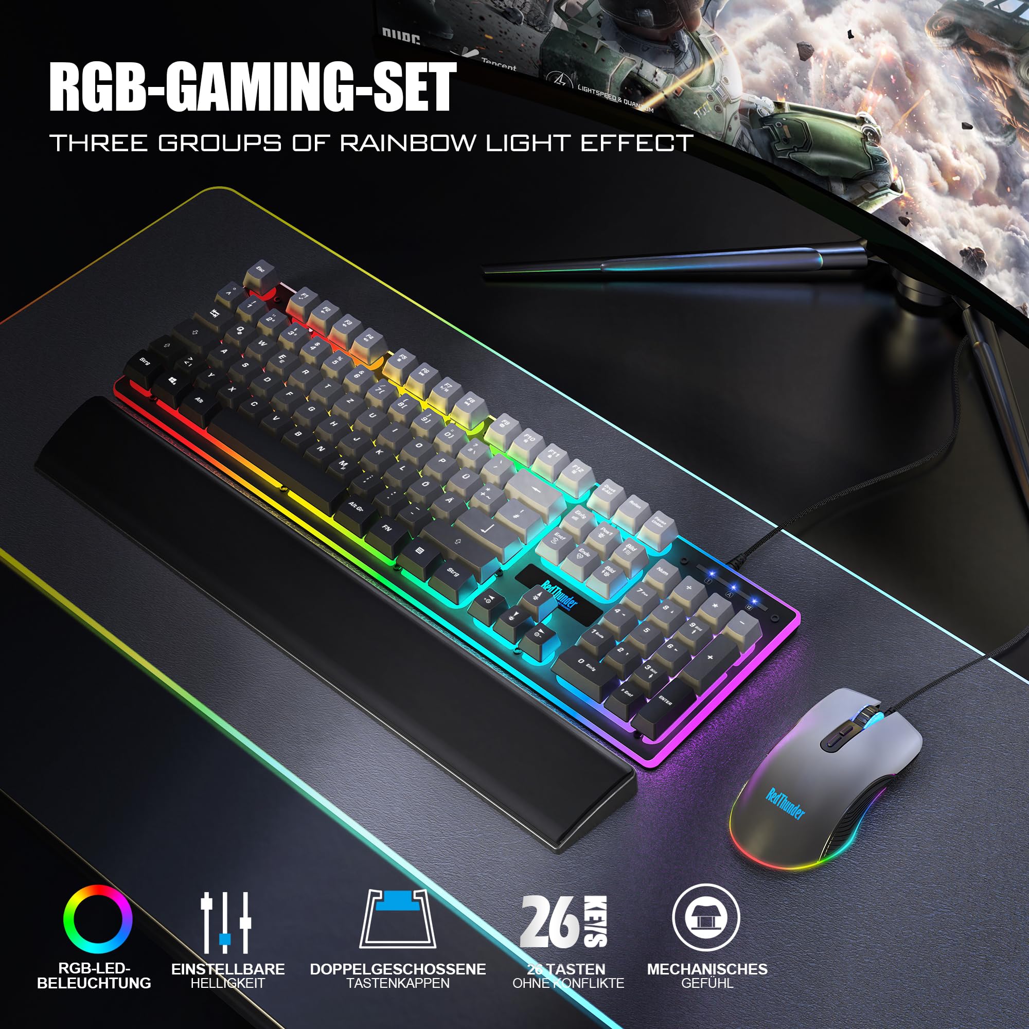 RedThunder K10 - Set tastiera e mouse da gioco (grigio gradiente)