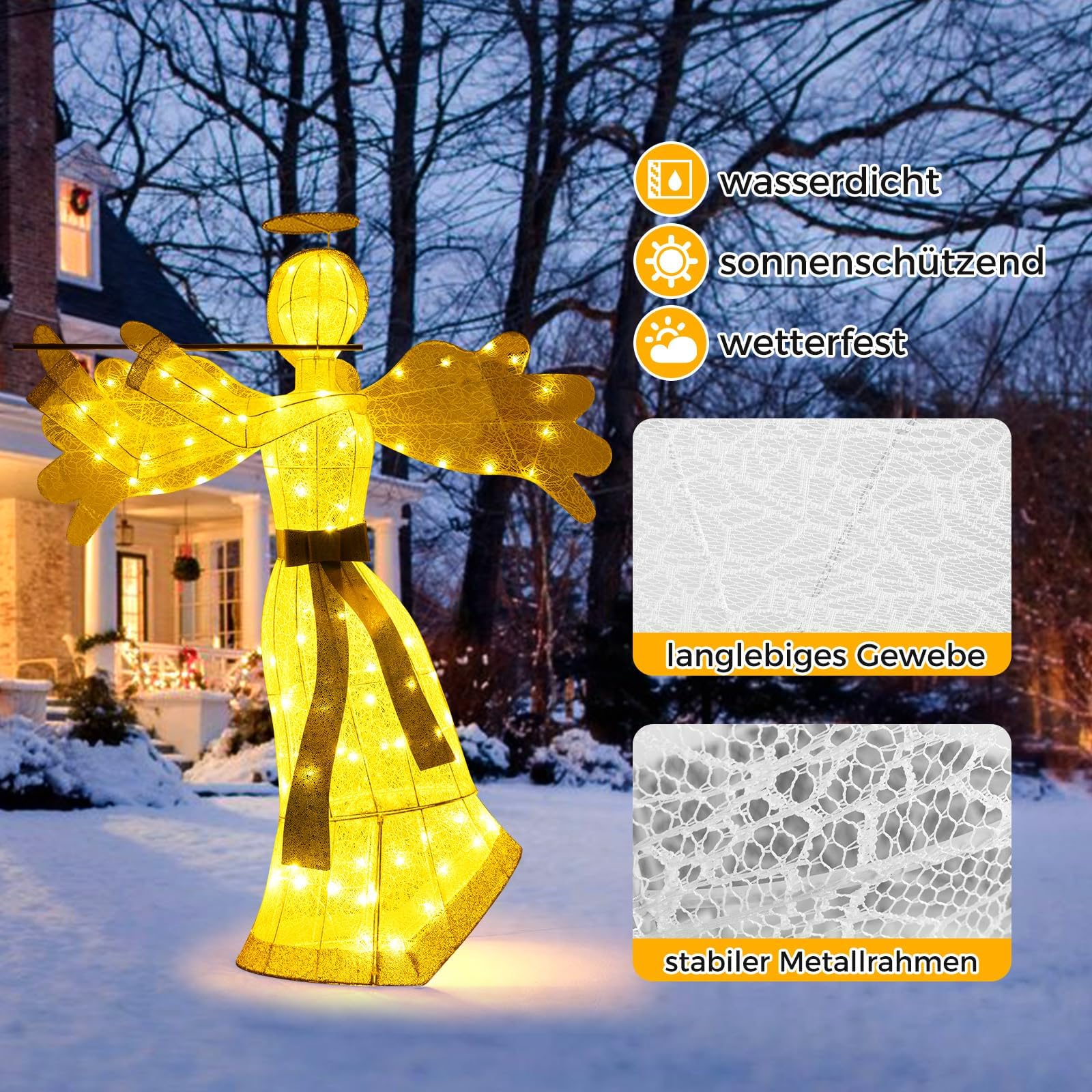 COSTWAY Weihnachtsengel beleuchtet groß, 150 cm Weihnachtsdeko mit 100 warmweißen LED-Lichtern, Weihnachtsfigur, Weihnachtsdekoration, Weihnachtsbeleuchtung für außen und innen