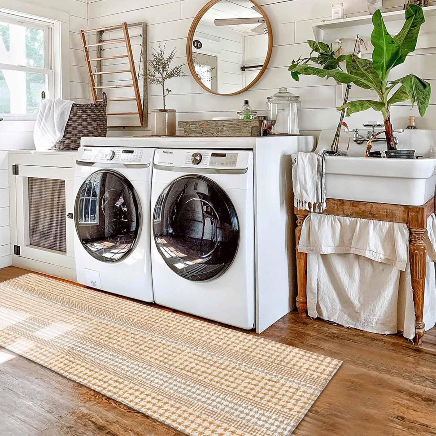Kitchen Mats for Floor Farm Lattice Houndstooth Pattern Washable Non Slip Kitchen Rugs 2PCS, Rustic Beige Khaki Plaid Absorbent Standing Mats for Sink Office Living Room 15.7x23.6in+15.7x47.2in