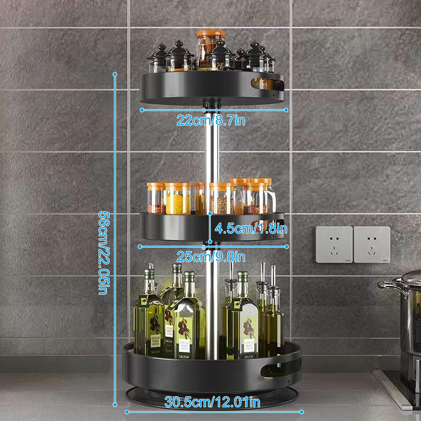 Lazy Susan Organizer, 2/3 ripiani, girevole a 360°, in acciaio al carbonio, supporto per spezie, regolabile in altezza, per cucina, tavolo, piano di lavoro, armadio, dispensa (3 piani)