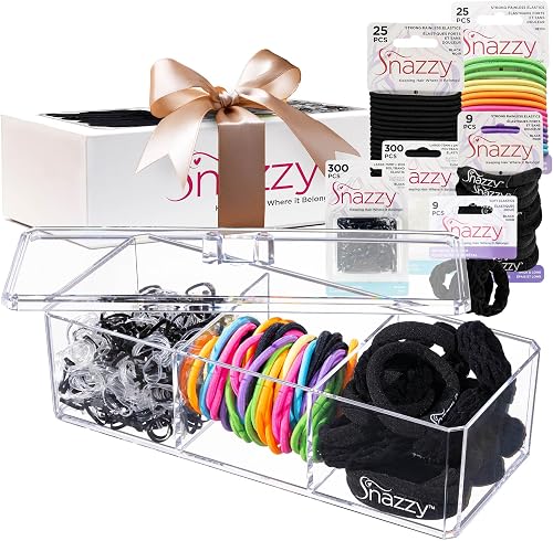 Snazzy Hair Accessories Gift Set - 670 Total Hair Accessories for Women, Girls, Men, Boys, Kids, Teens & Adults - Mini Scrunchies, Hair Ties, Elastics & Ponytail Holders in Storage Container Kit