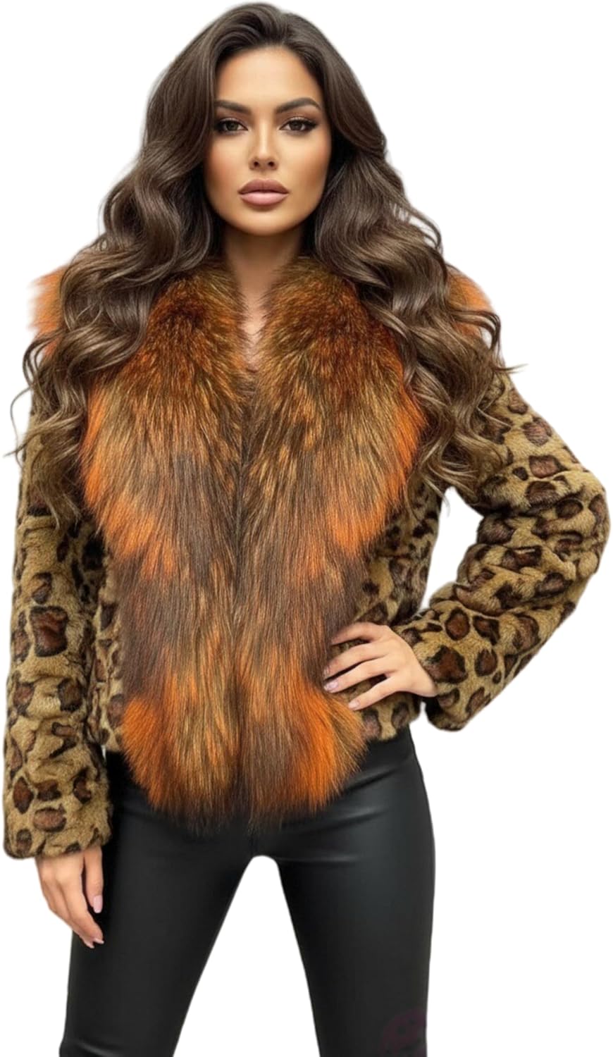 Women Real Mink Fur Leopard Coat with Big Genuine Raccoon Fur Collar Front